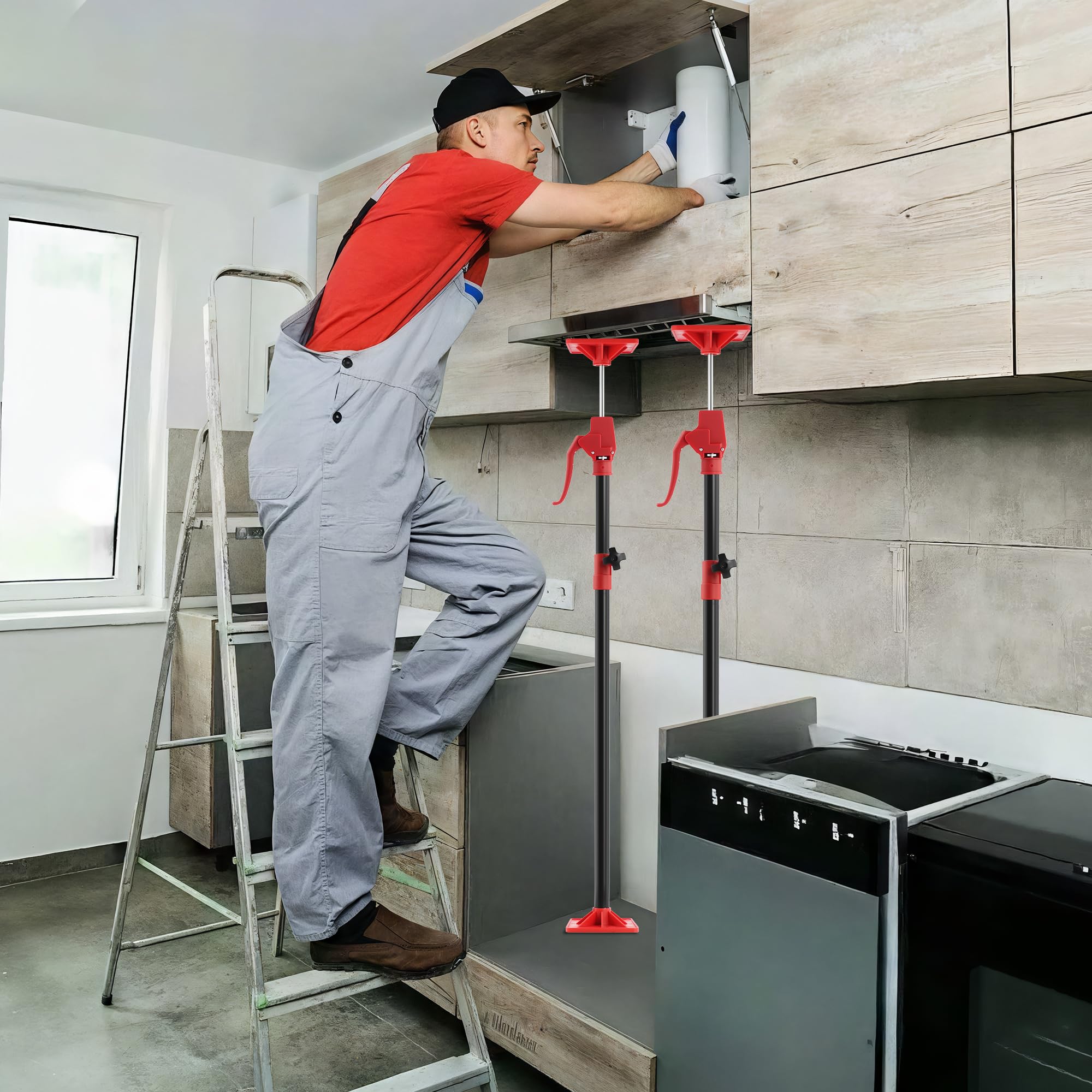 cabinet jacks support pole for installing cabinets steel 54" to 114" 3rd hand system steel telescopic with 154 lbs capacity for jacks cargo bars drywalls cabinet installations 2pack adjustable