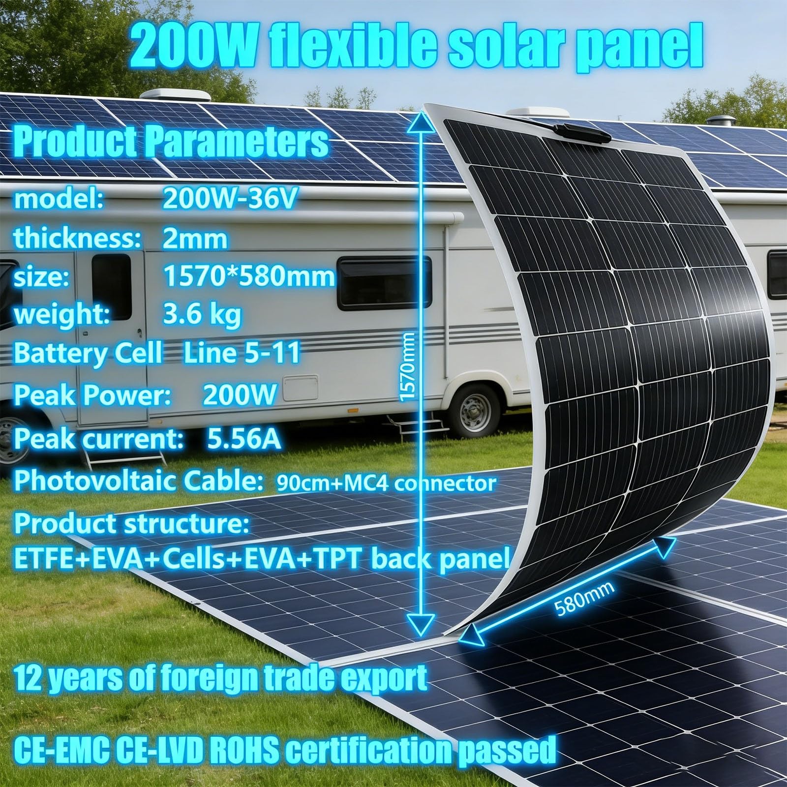 Elastyczny panel słoneczny 150 W/200 W, półelastyczny, monokrystaliczny, off-grid do kamperów, łodzi, kamperów, furgonetek i samochodów