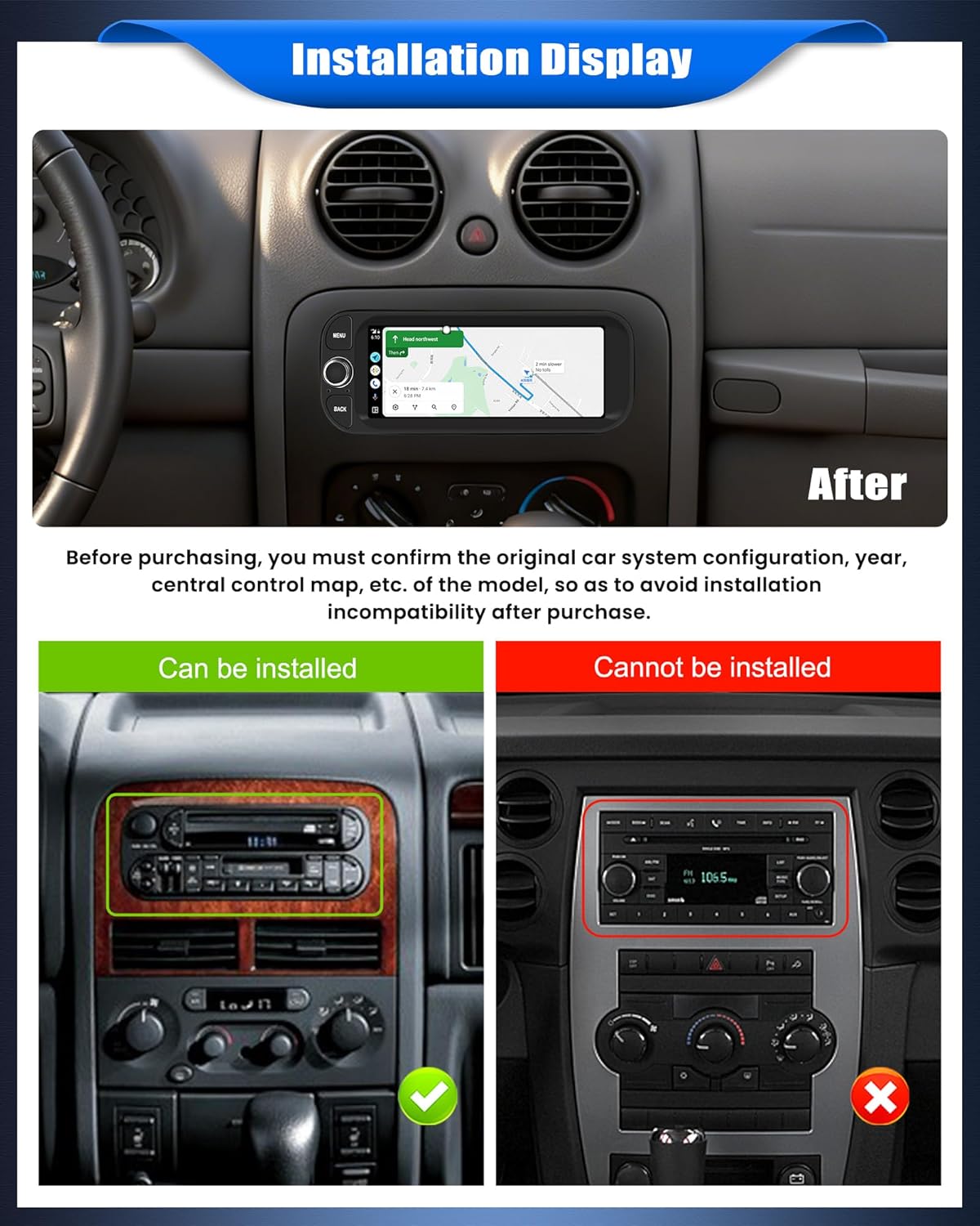[4 Core+64G] Android 15 Car Stereo for Dodge Ram 1500/2500/3500 2002-2006,Jeep Grand Cherokee 1999-2004,Jeep Wrangler 2003-2006 with Carplay,6.86” Touch Screen Car Radio with BT FM/RDS WiFi GPS EQ SWC