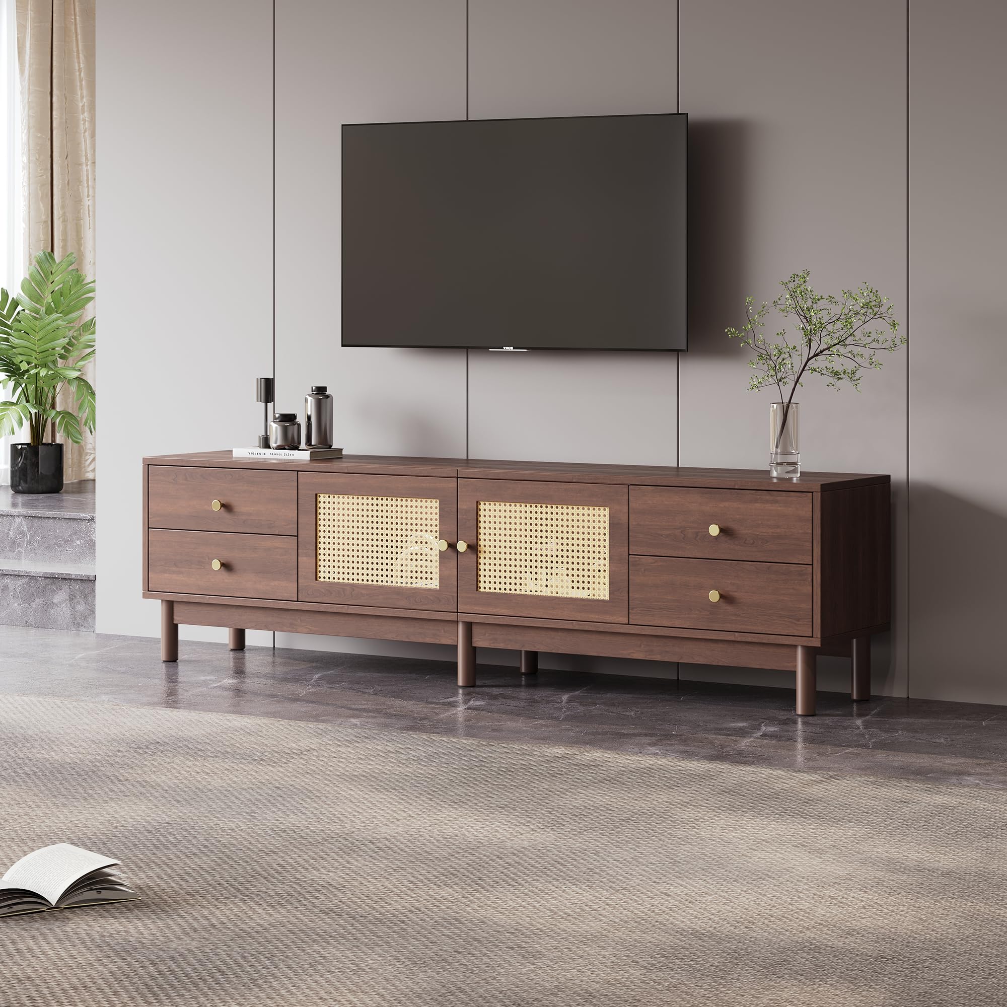 Rattan-TV-Lowboard mit 4 Schubladen & 2 Türen, Dunkelbraun, 180 cm