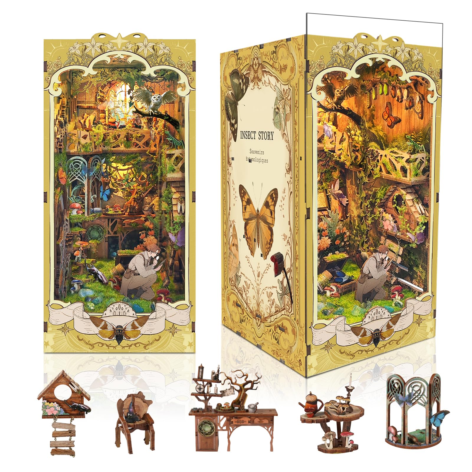 Zestaw do samodzielnego wykonania, domek dla lalek, regał na książki, dekoracja, drewniane puzzle 3D z osłoną przeciwpyłową LED, miniaturowy zestaw, urodziny, Halloween, dekoracja domu dla