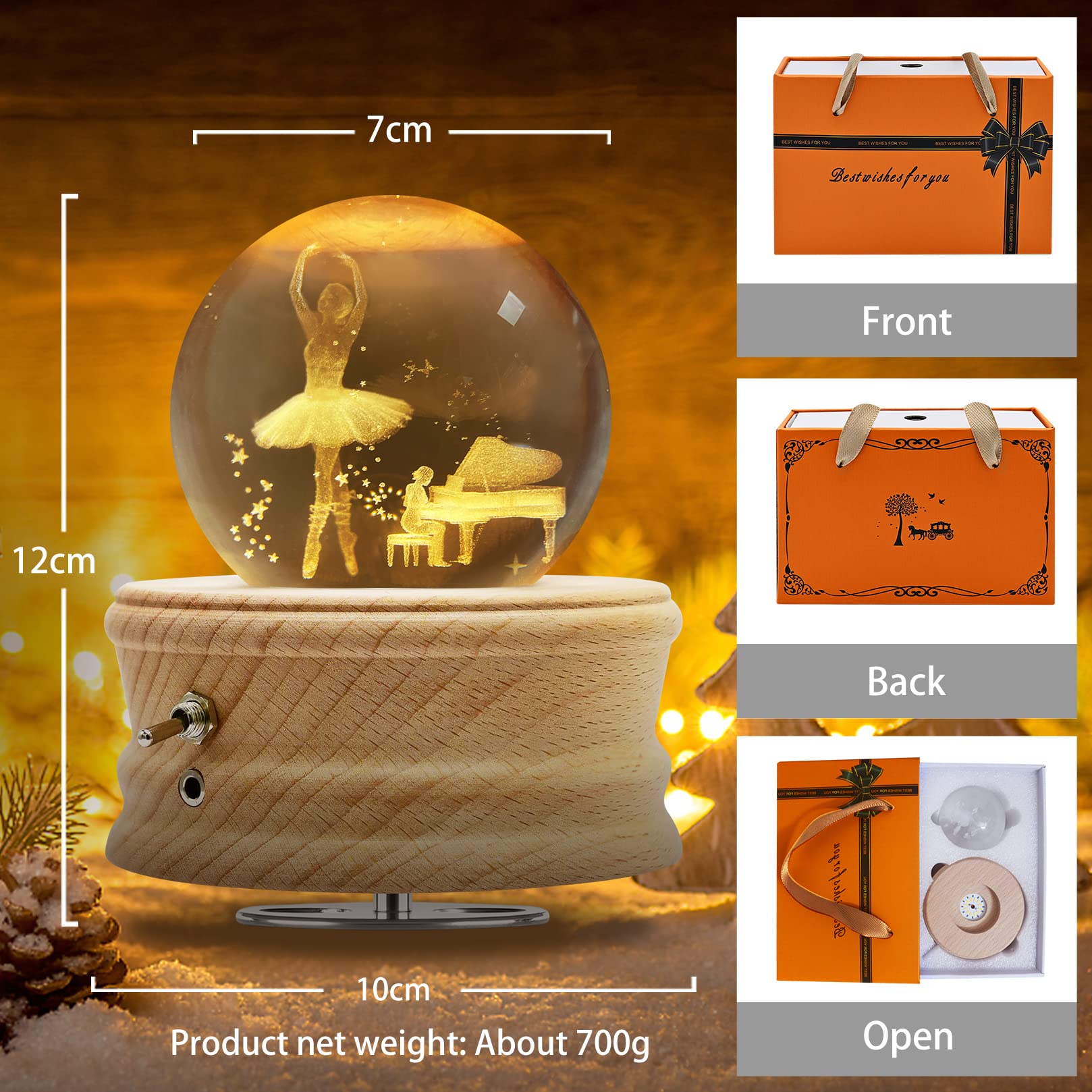 Music Box Palla Di Cristallo 3D, Scatola Musica Rotante a 360° e Proiezione Di Luce Calda per Bambini/Adulti/Matrimonio/Migliore Amico/Regali Di Natale
