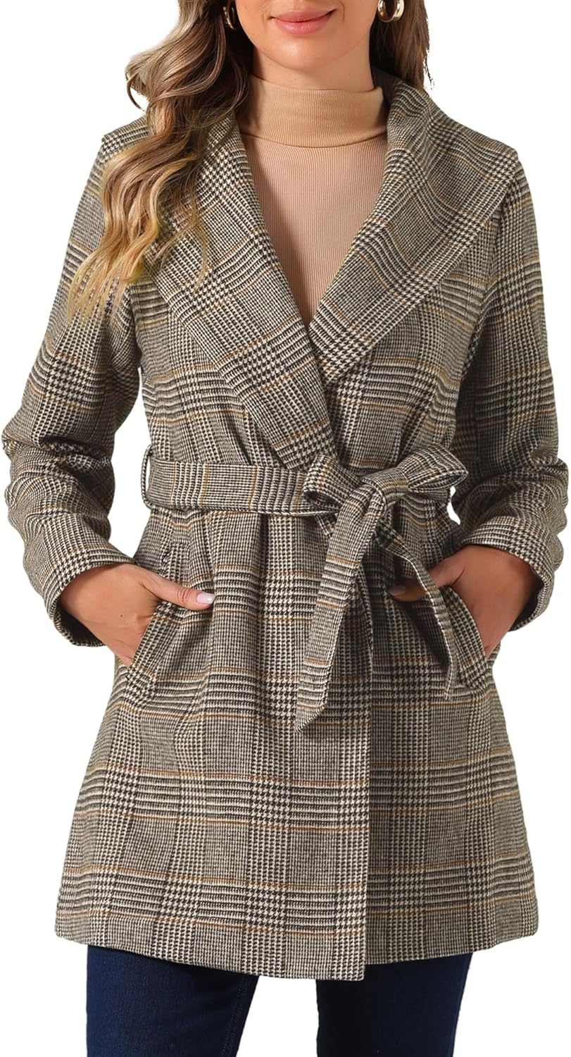 Allegra K Women's Plaid Belted Shawl Collar Tie Waist Wrap Overcoat Fall Winter Coat