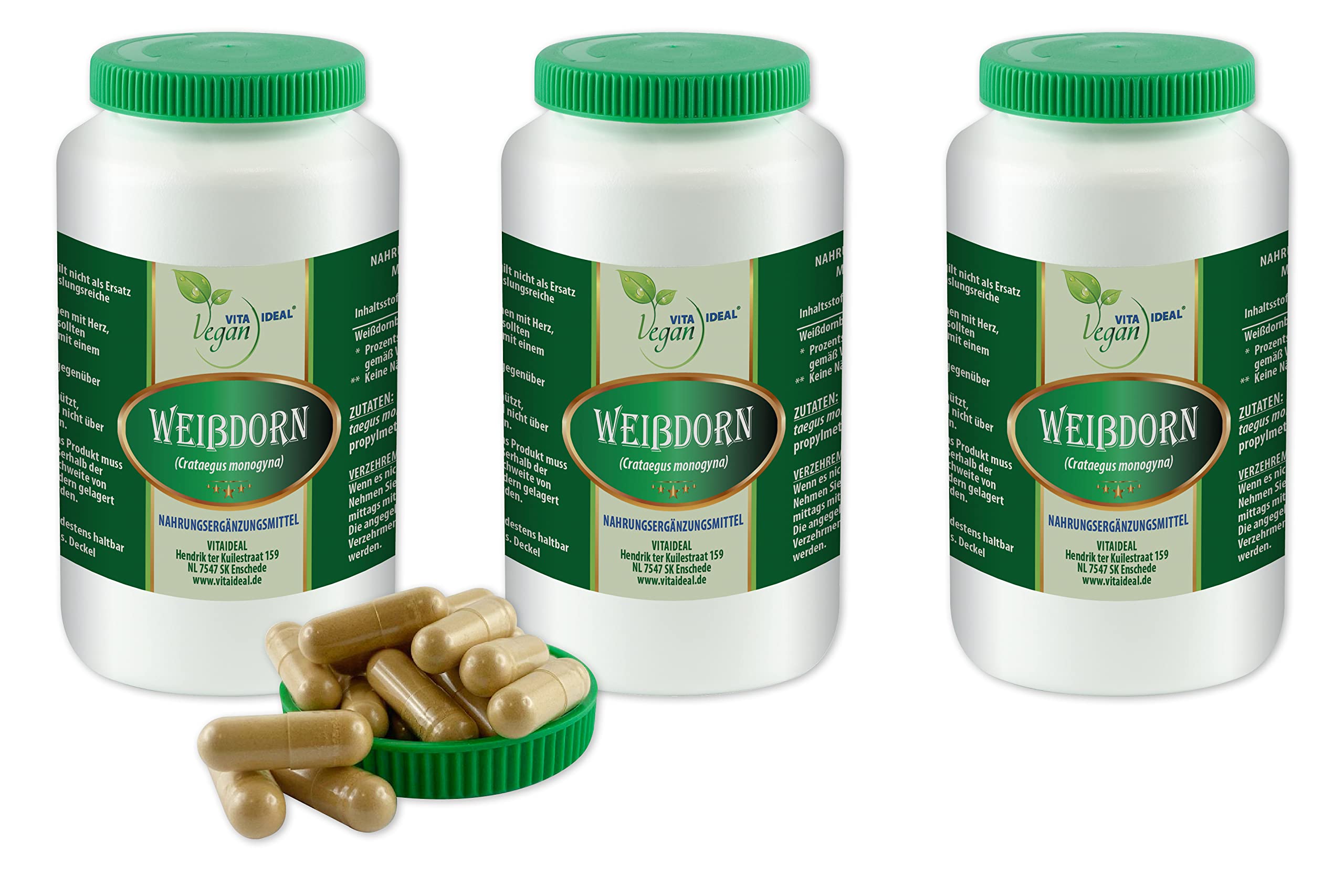 VITA IDEAL Vegan® WEIßDORN - Beeren 3x 360 Kapseln - Crataegus monogyna - Weissdorn - Tagesportion 1000mg WEIßDORNBEEREN reines Pulver. Natürlich, pflanzlich & ohne Zusatzstoffe.