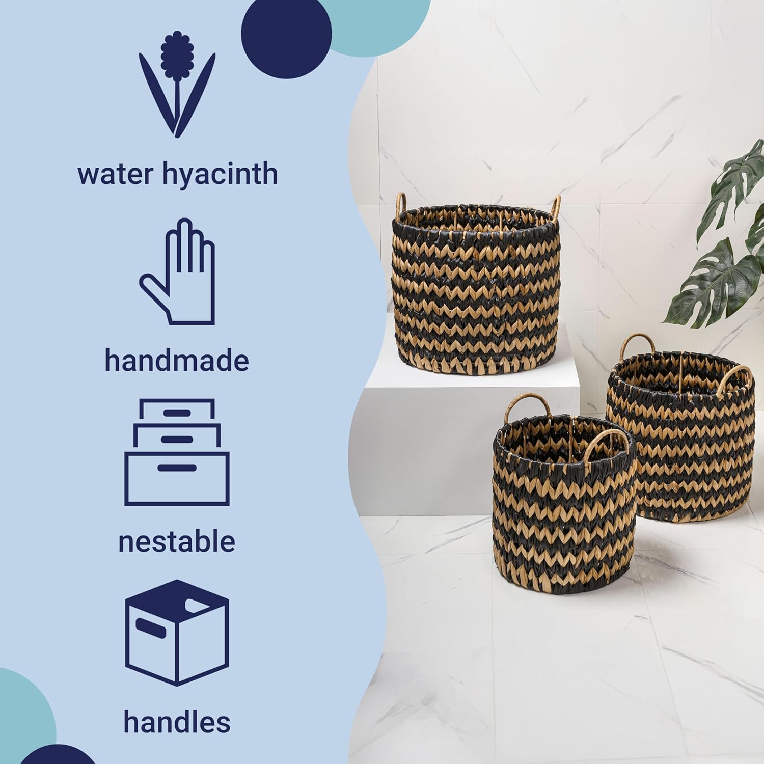 happimess BSK2022C-3SET Cassia Farmhouse Handwoven Two-Tone Water Hyacinth Nesting Storage Baskets with Handles, Seagrass Containers for Decoration in Living Room, Bedroom, Black/Natural (Set of 3)