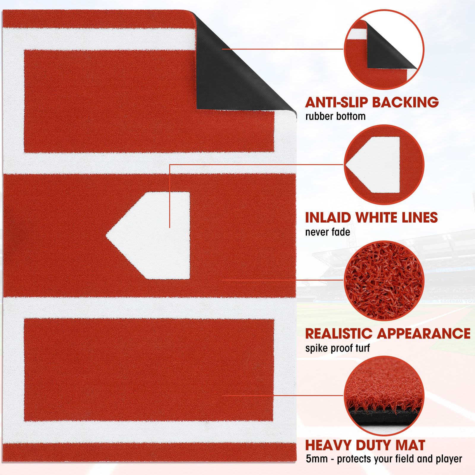 Leyndo 6 x 4 ft Baseball Batting Mat Softball Pitching Mat 5mm Turf Inlaid Home Plate Anti Slip Backing Mat for Baseball Batting Cage Sports Training Backyard Indoor Outdoor, Red