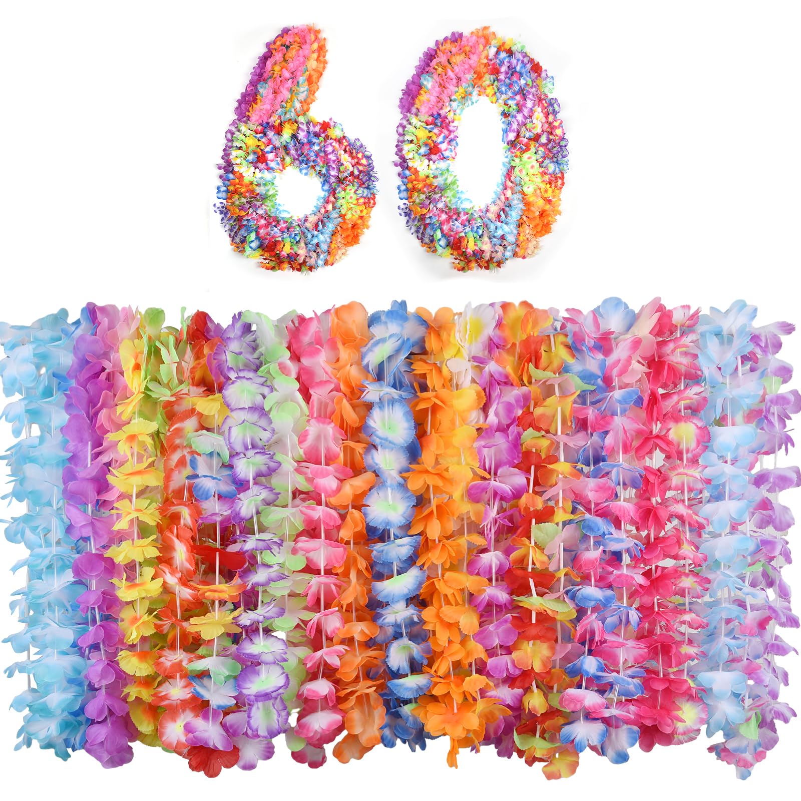 Heardind 60 PCS Hawaiian Leis Colorful Tropical Leis Assortment for Leis Luau Party Favors Beach or Ornaments for Any Occasion Decorations (5 Dozen)