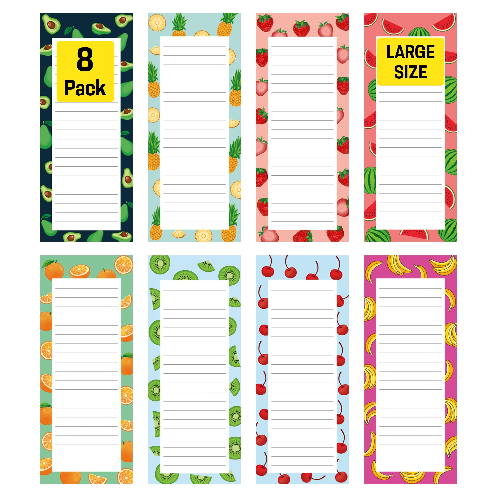 8 Large Magnetic Notepads – Big Notepads for Grocery List, Shopping List, To-Do List, Reminders -Strong Magnetic Back- Memo Pads with Realistic Fruit Designs | 60 Sheets per Pad 9 x 3.5 inch (8 Pack)
