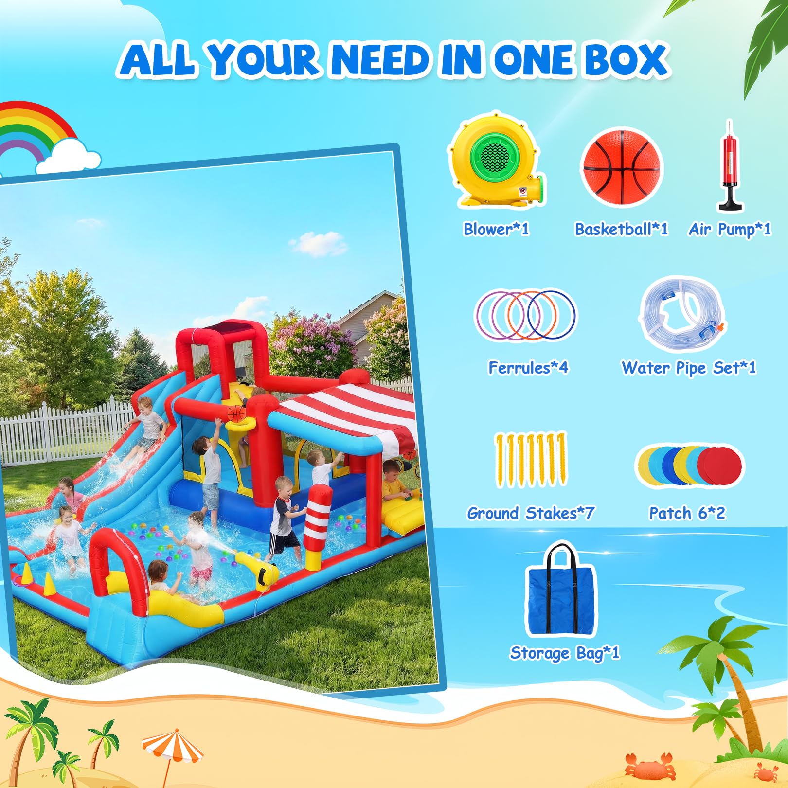 Tobogán acuático Inflable 15 en 1 Castillo Hinchable con tobogán Largo y Piscina Grande, Soporte para Aperitivos con toldo, Mini tobogán, Niebla y cañones de Agua para niños, jardín, Fiesta al Aire