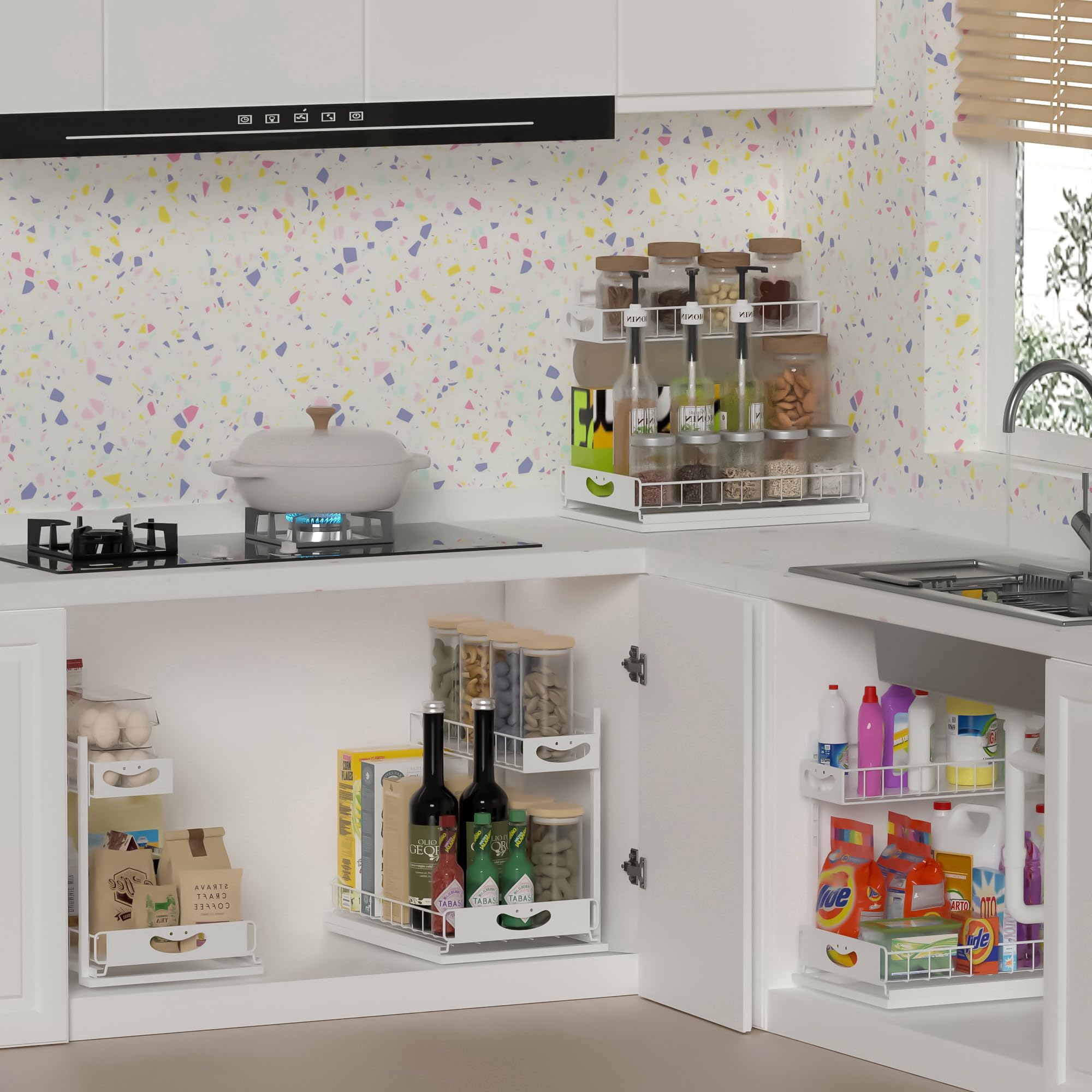 Organizzatore sotto il lavandino a 2 livelli, organizer estraibile in altezza regolabile, organizer per bagno e stoccaggio, organizer per armadietti, organizer per mobili da bagno, bianco