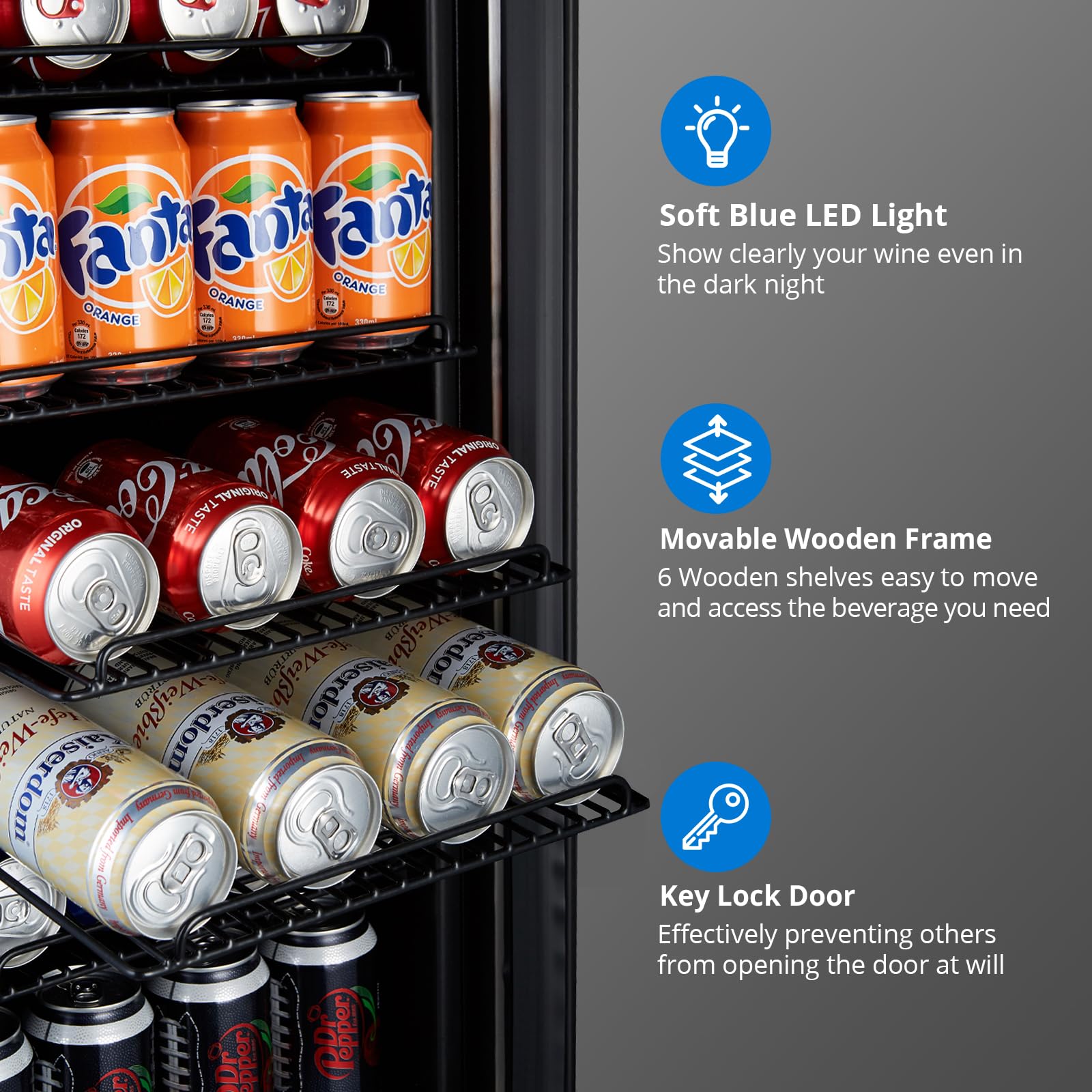 Garveetech Beverage Refrigerator And Cooler, 96 Cans Built-In Or Freestanding Beverage Cooler With Glass Door, Adjustable Shelves & LED Lights, Under Counter Beer Fridge For Home Office Bar on Fridge.com - View 5