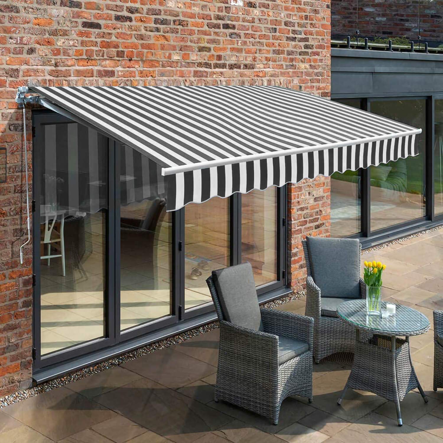 Ikodm Markise 350 x 300 cm Gelenkarmmarkise, Balkon Markise, Manuelle Terrassenmarkise Sonnenschutz Sonnenmarkise, Alu und 280g/㎡ Polyester 