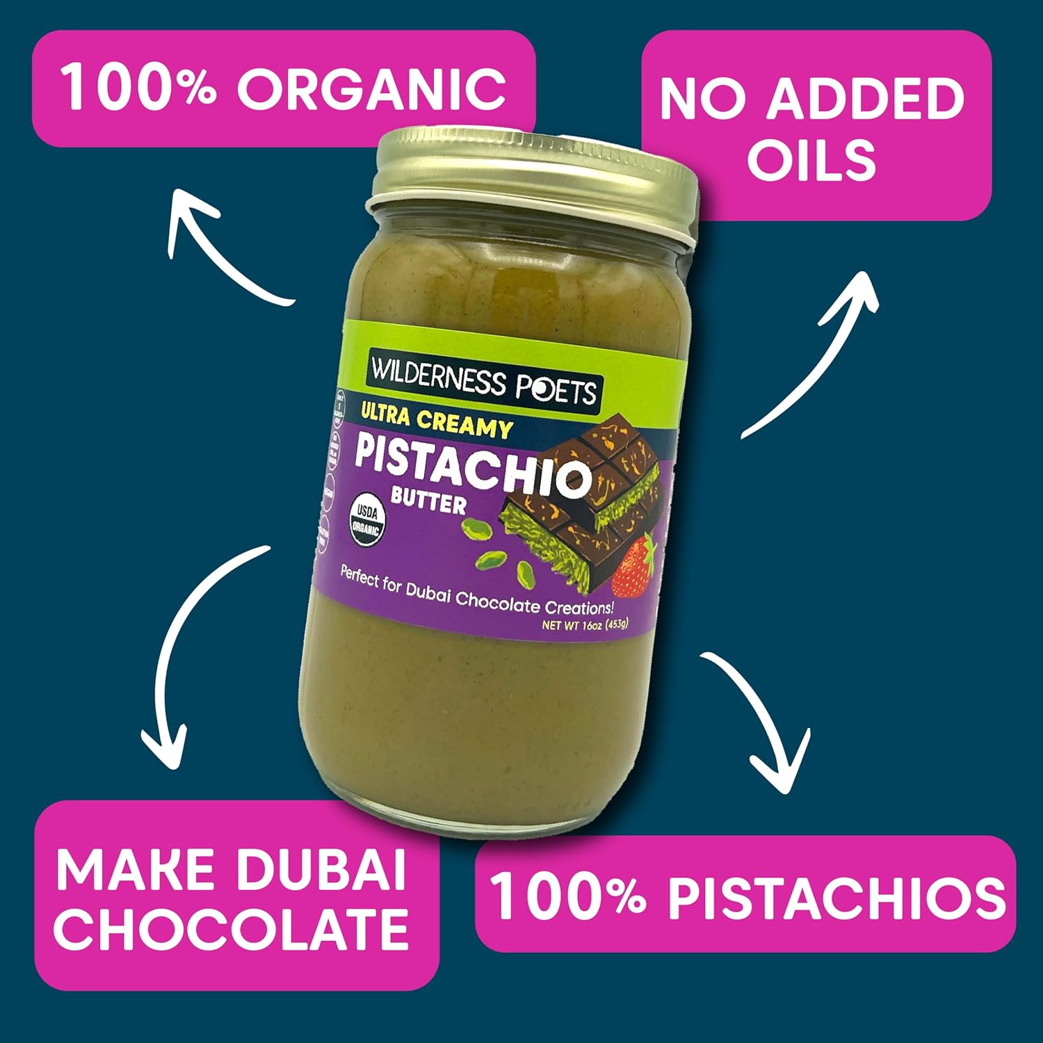 Wilderness Poets, Organic Ultra Creamy Pistachio Nut Butter - 1 Pound (16 oz), Silky Smooth, Perfect for Dubai Chocolate-Inspired Creations. One ingredient: 100% Organic, California-Grown Pistachios