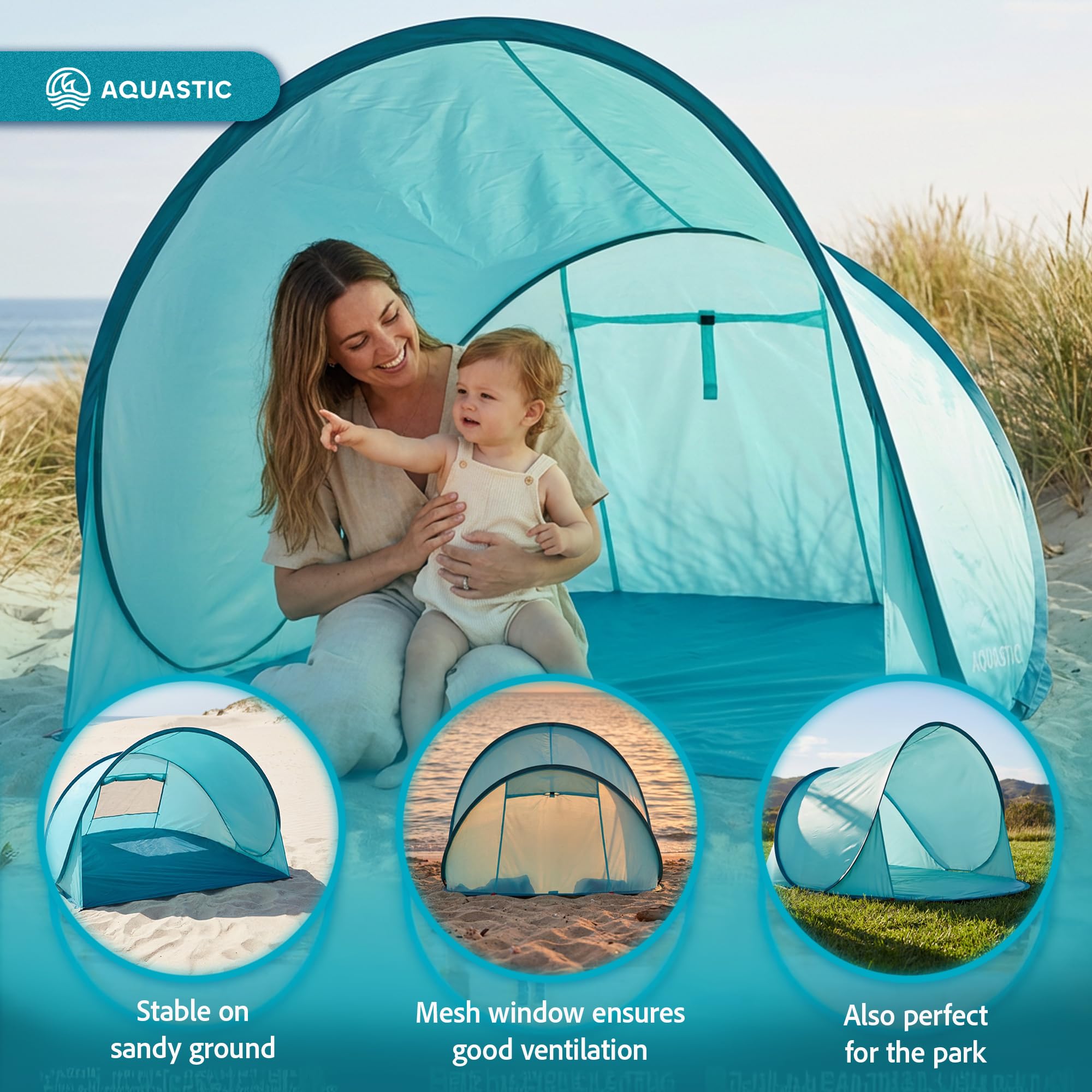 AQUASTIC Qsand Beach Tent | automatyczne rozkładanie w 3 sekundy | ochrona przed promieniowaniem UV 50+ | wodoszczelny 1000 mm | ultralekki (1 kg) i kompaktowy (70 cm) | z zamykanym wejściem | idealny