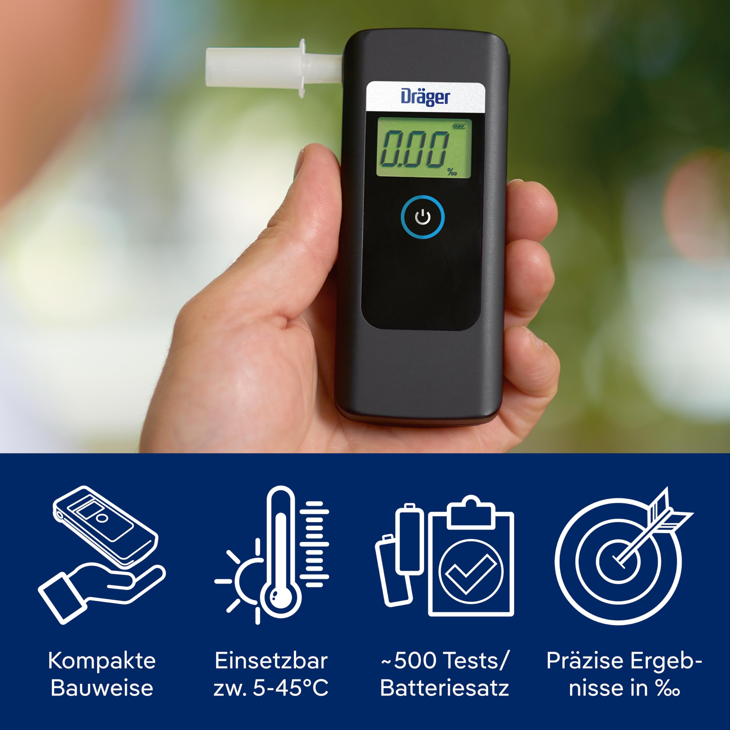 Dräger Alcotest 1000 Alkoholtester, Präzision, 6 Mundstücke, Aufbewahrungstasche, staub- und tropfwassergeschützt