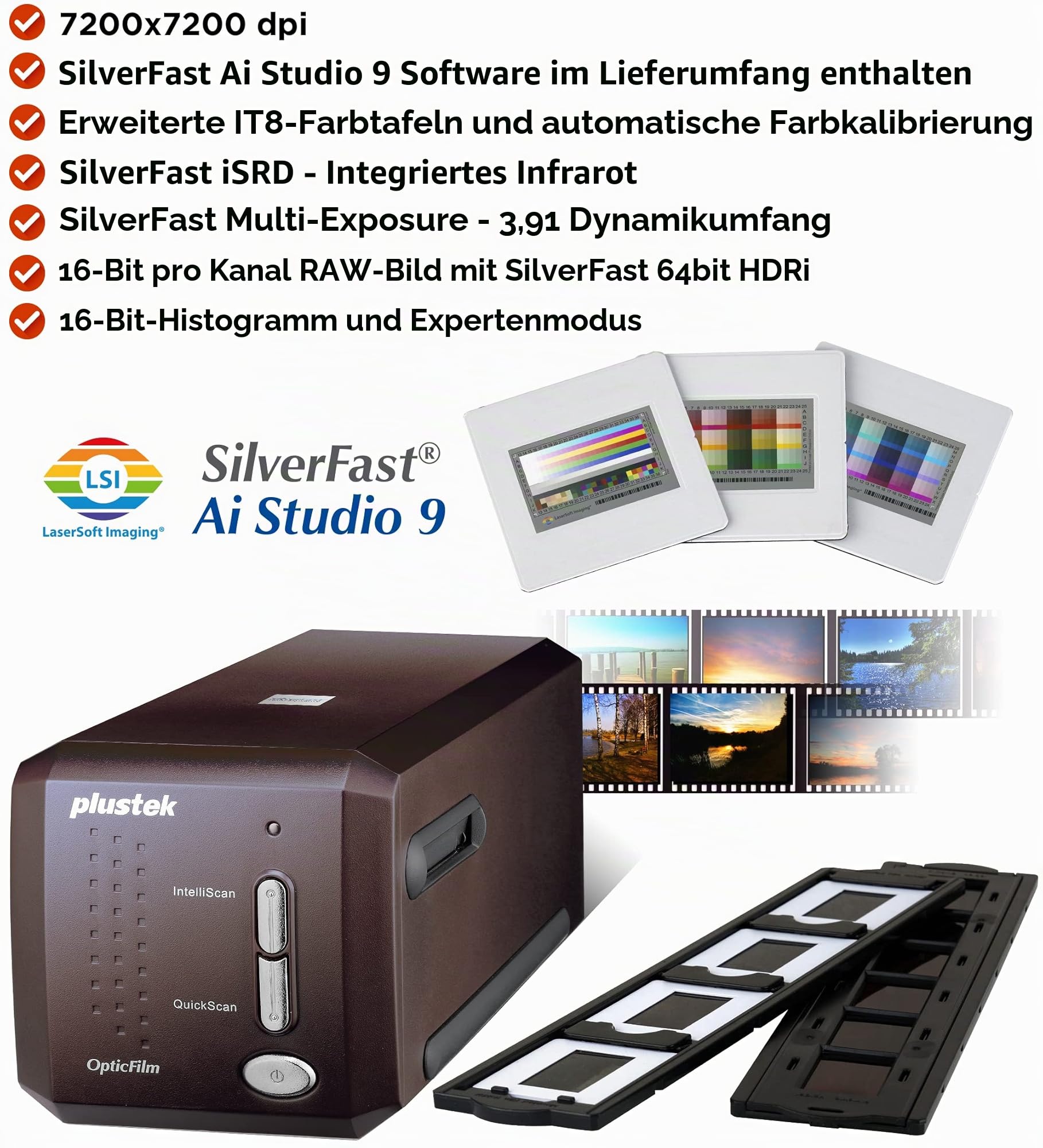 Plustek OpticFilm 8300i Ai Digital Film- und Diascanner 35mm Negativ Dia SilverFast Ai Studio 9 IT8 Farbkalibrierung