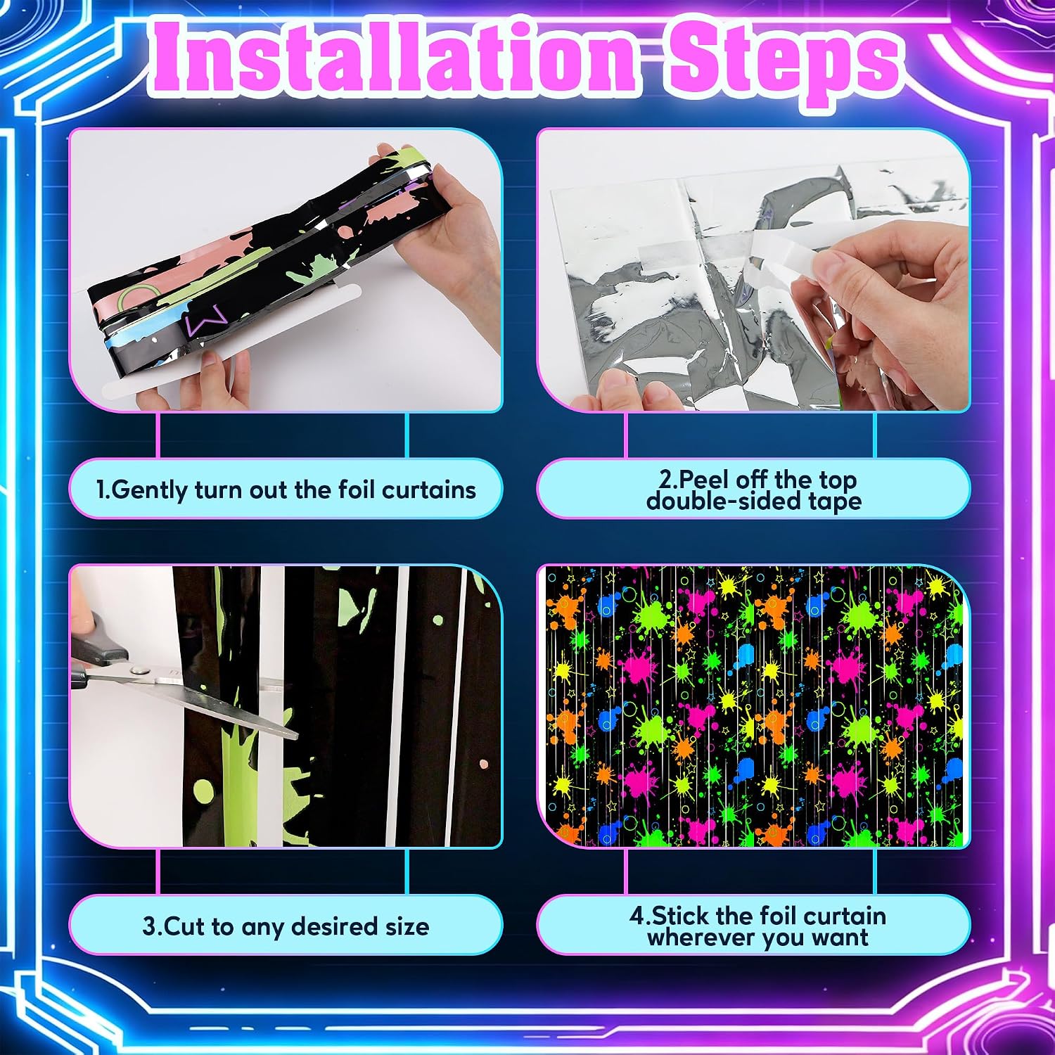 Glow in the Dark Party Supplies，2 Pack Neon Party Backdrop（3.3x6.6ft） | Neon Party Decorations Graffiti Splatter Foil Fringe Curtain, UV Reactive Black Light Glow Streamers, Fluorescent Backdrop