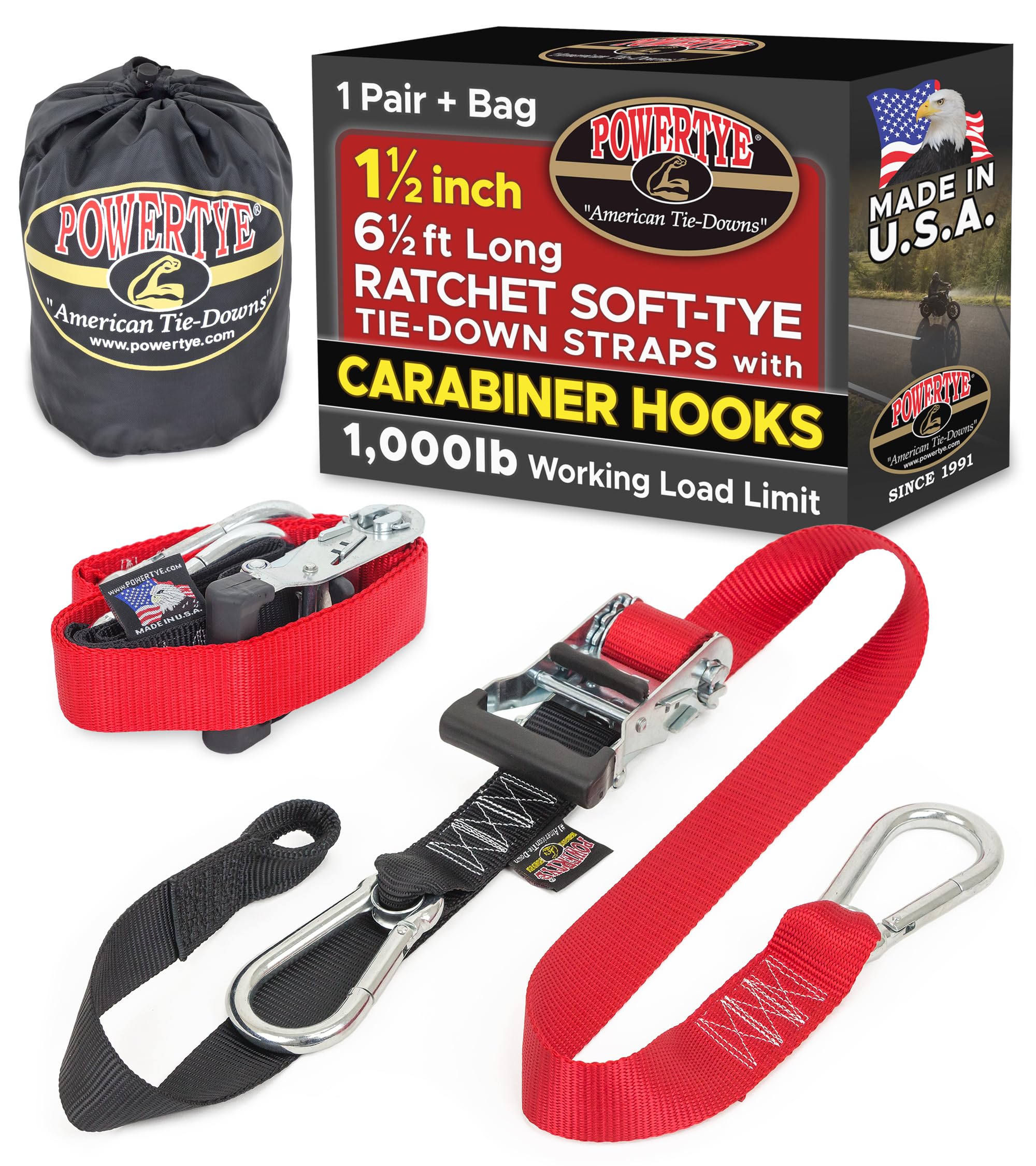 PowerTye 1.5 inch x 6.5ft Ratchet Straps w/Carabiners, Red/Black Pair+Bag