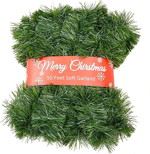 Miniatura 1 de Zhenrui 50 Foot Soft Christmas Garland Non-lit Christmas Garland Ideal for Indoor and Outdoor Decor Green Tinsel Garland for Holiday Wedding Party