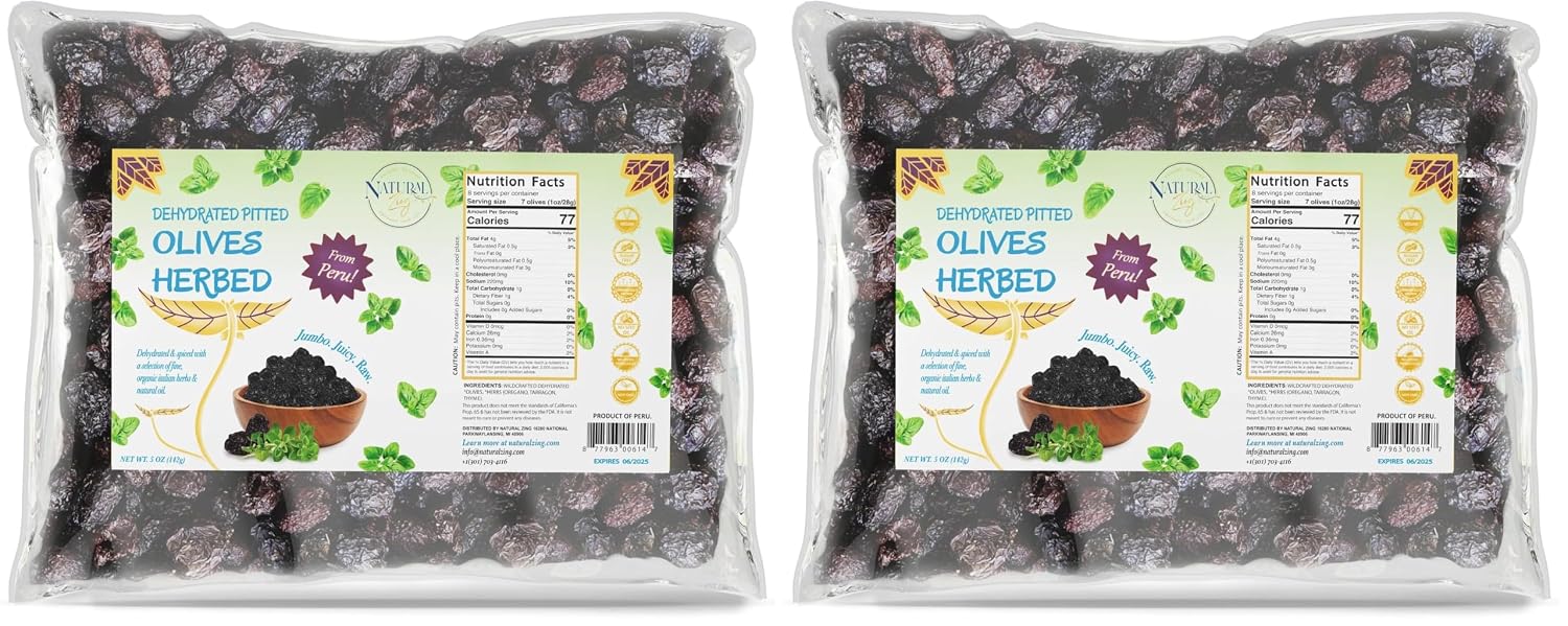 Natural Zing Organic Peruvian Dried Black Olives – Raw, Pitted & Herb-Infused Botija Olives with Rich Flavor for Healthy Snacking, Cooking & Charcuterie, Unbrined, 8 oz (Pack of 2)