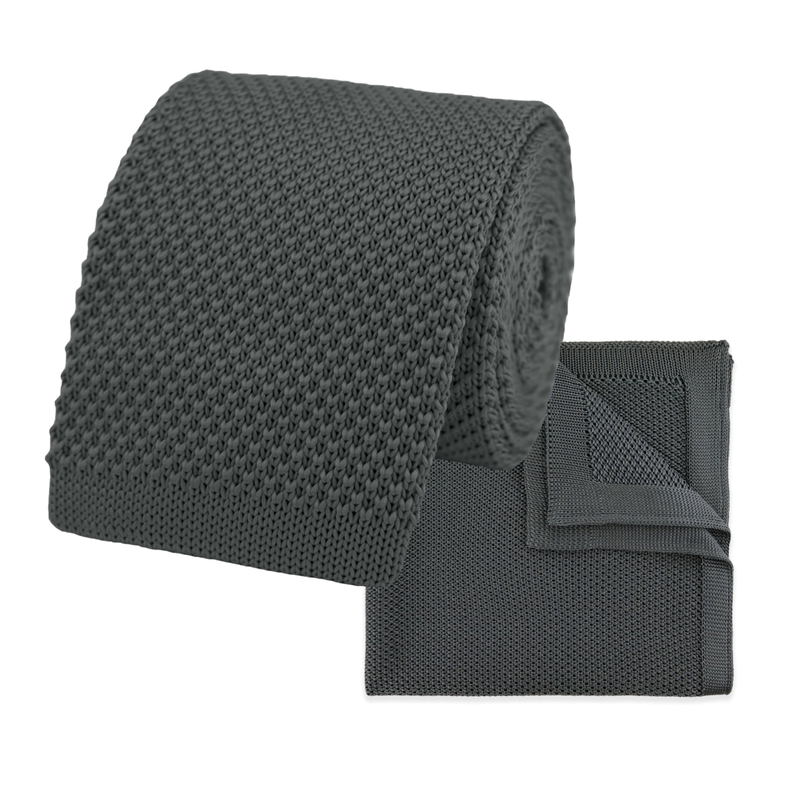THE GENTS LAB 100% Polyester Square End Knitted Tie & Pocket Square Sets - Many Colours (Dark Grey)