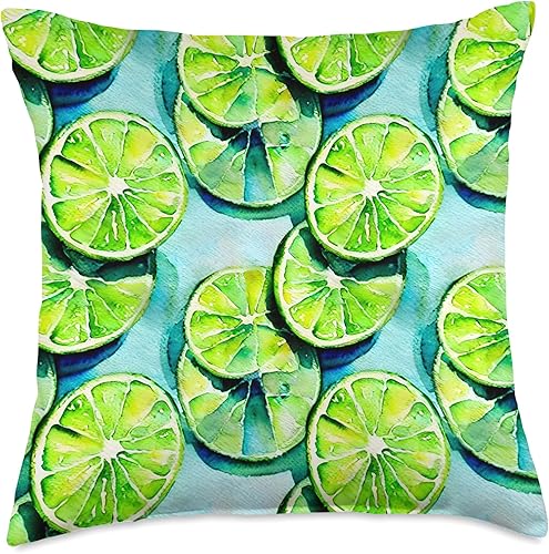 Miniatura 1 de Cojín de acuarela con rodajas de lima cítrica sobre fondo azul claro, 18 x 18 pulgadas, multicolor