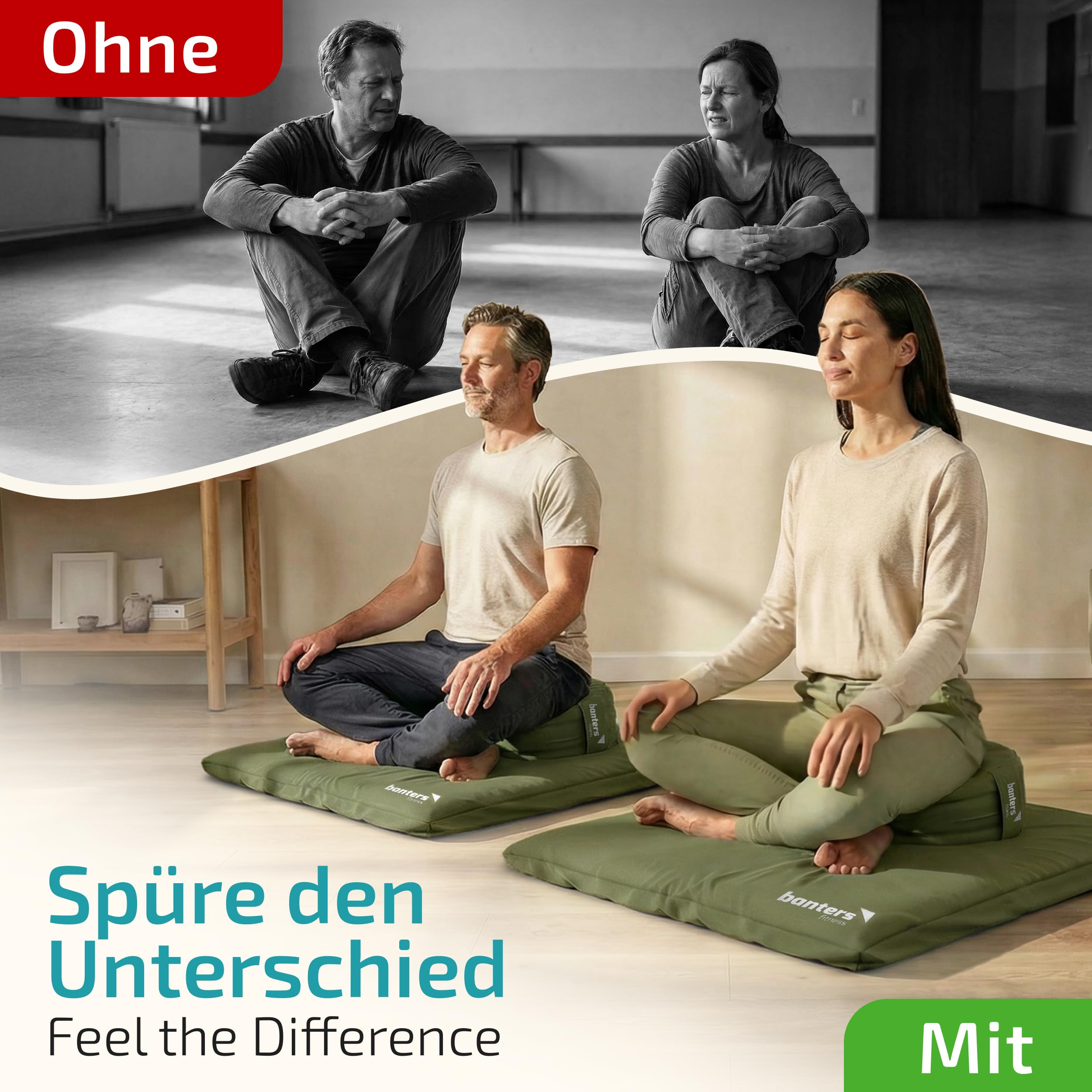 banters Meditationskissen-Set Zafu & Zabuton, Kapok, Bio-Baumwolle, Soft | 3-teilig, Zafu Ø 35 cm/20 cm Höhe, Zabuton 80x80x6 cm, Kapok-Füllung, waschbare Bezüge, Tragegurt 80 cm, Achtsamkeitstagebuch