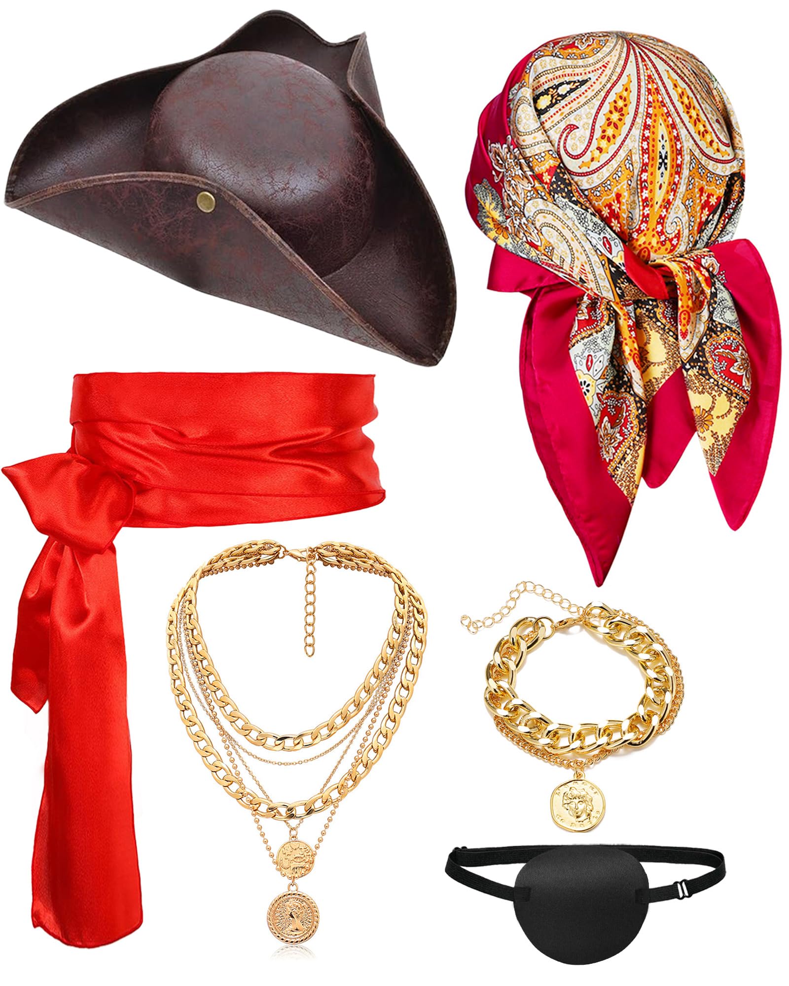 Bryndo 6 Pcs Pirate Costuem Set, Pirate Fancy Dress Kit for Party Supplies-Red