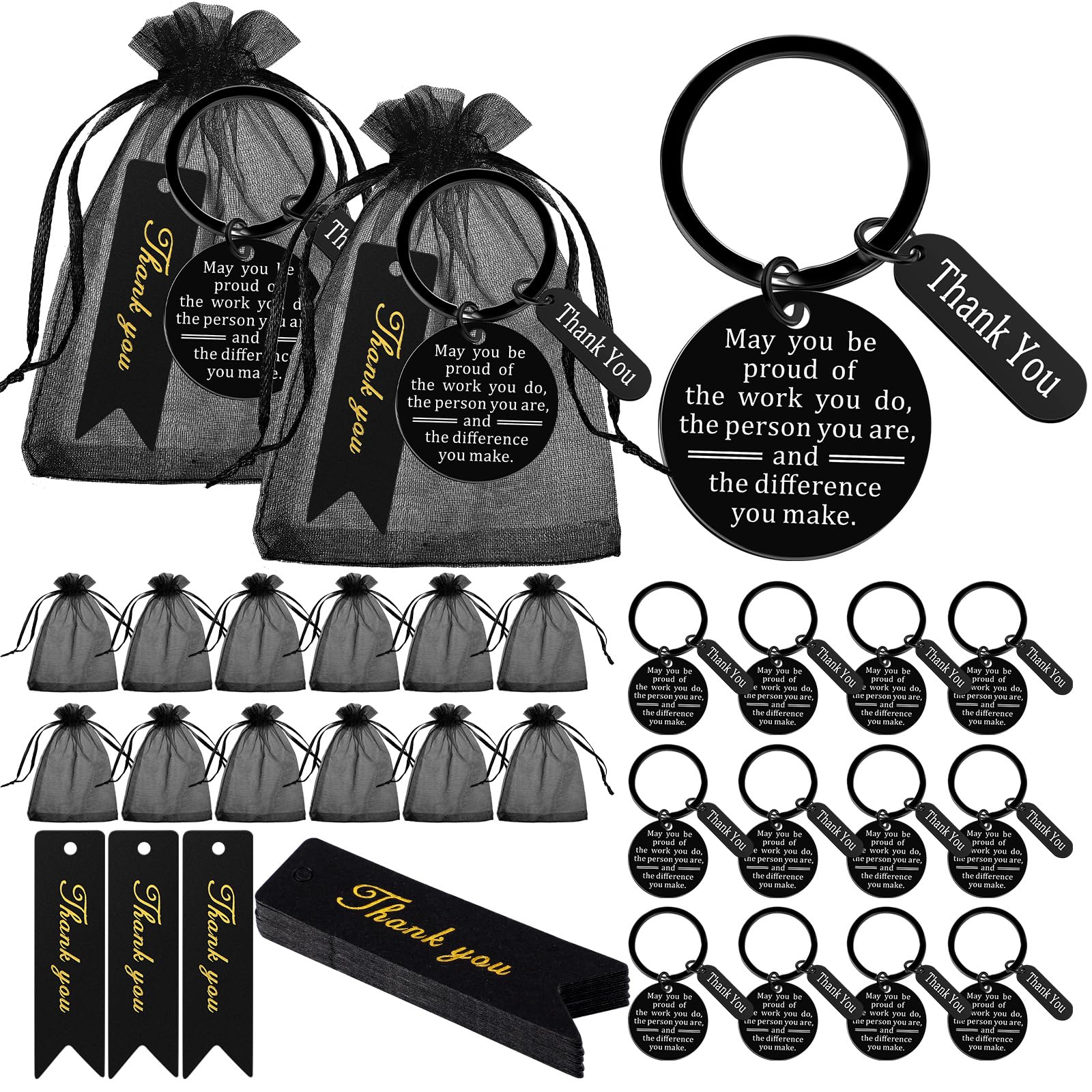 Photo 1 of 72 Pcs Employee Appreciation Gifts Bulk Thank You Gifts Employee Thank You Keychains Organza Bags with Thank You Cards for Office Social Worker Christmas Party Favors Black