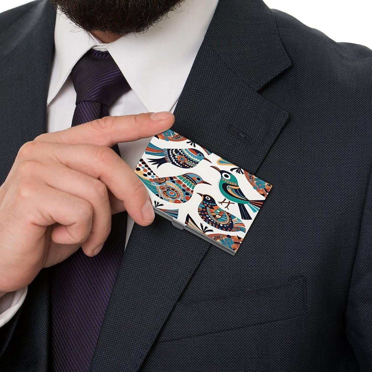 Ethnic Style Birds Business Card Holder Minimalist Slim Cards Case for Men Flip Cover Professional Name Card Cute Aluminum Alloy Cards Holder for Office Workers