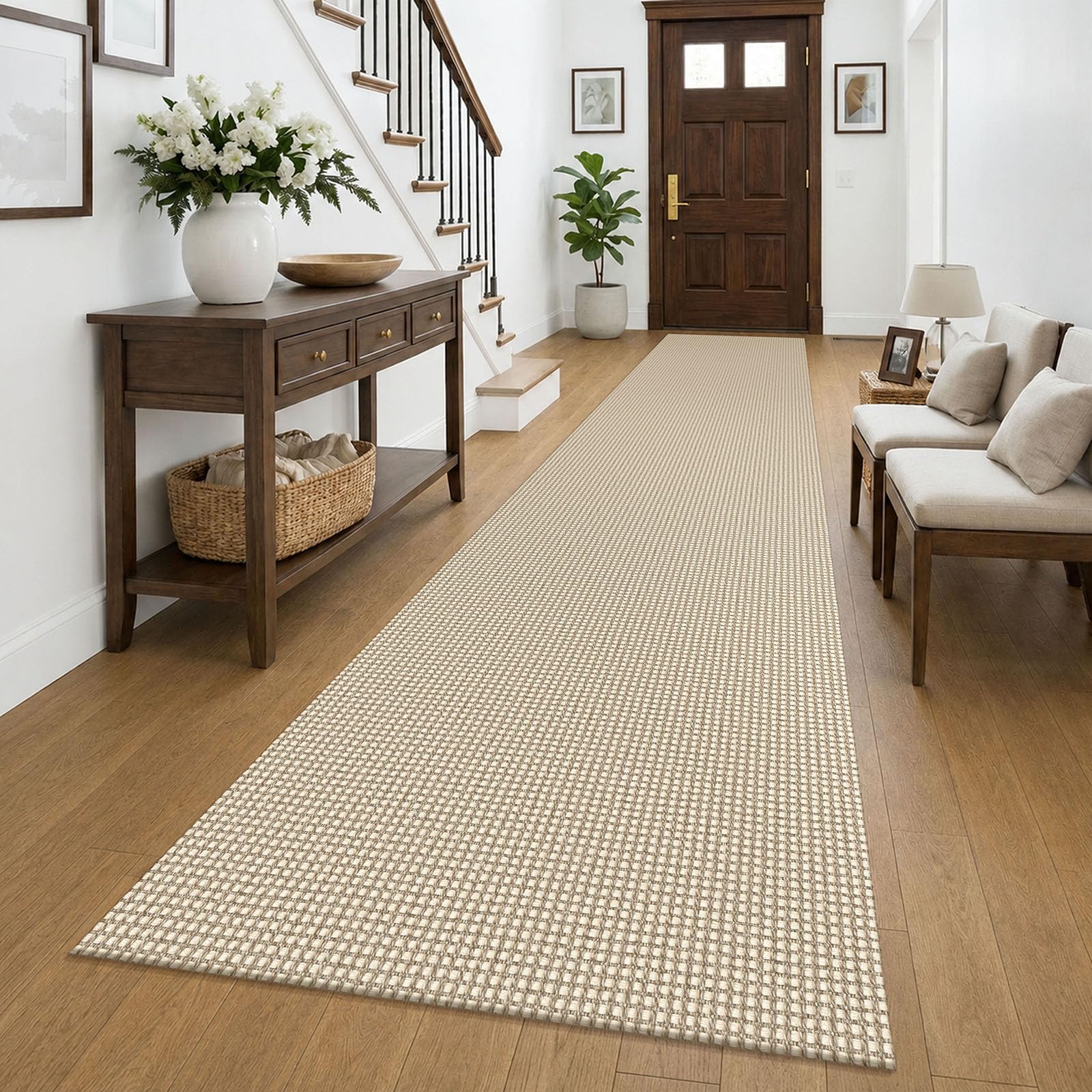 KOZYFLY Braided 2.5'x16' Runners Rugs for Hallway, Extra Long Washable Runner Rug, Woven Non Slip Kitchen Runner, Cotton Entryway Rug, Floor Carpet for Entry, Aisle, Hall, Oatmeal Beige — image 1