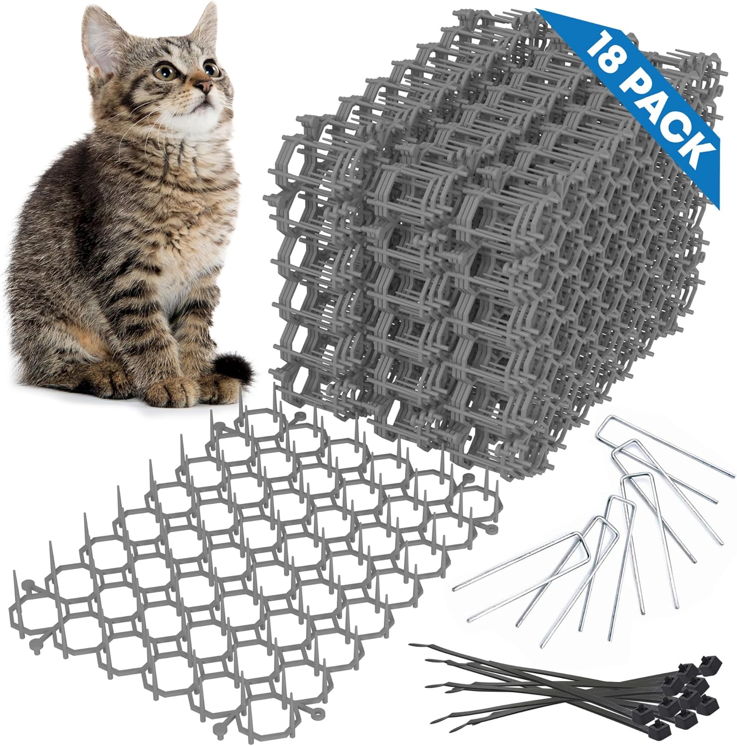 18 Pack Scat Mat for Cats – 8 x 6 Inch Cat Deterrent Mat with 1 Inch Spikes is A Great Cat Repellent Indoor & Outdoor to Keep Cats Away. Includes 6 Garden Staples & 10 Zip Ties (Grey)
