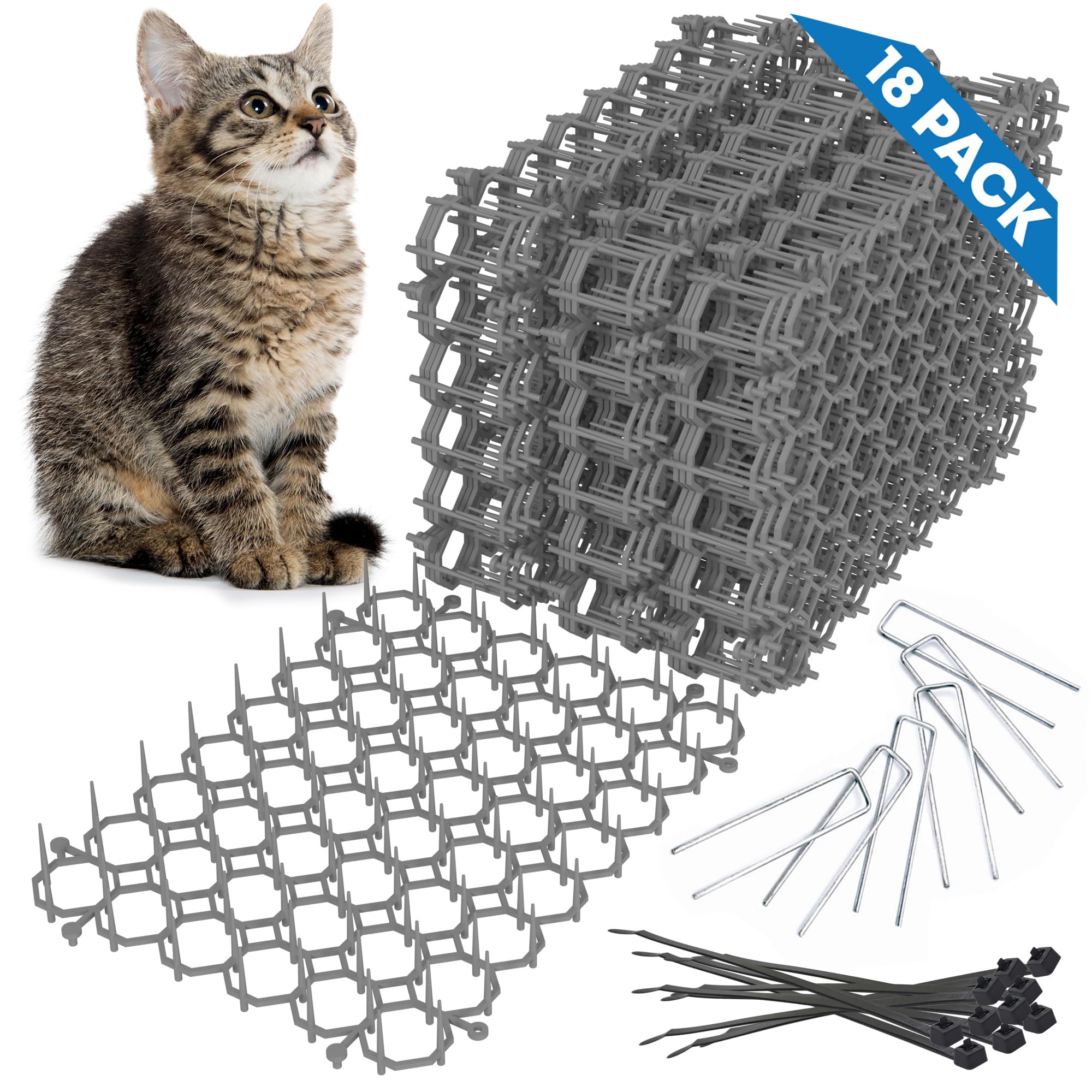 18 Pack Scat Mat for Cats - 8 x 6 Inch Cat Deterrent Mat with 1 Inch Spikes is A Great Cat Repellent Indoor & Outdoor to Keep Cats Away. Includes 6 Garden Staples & 10 Zip Ties (Grey)