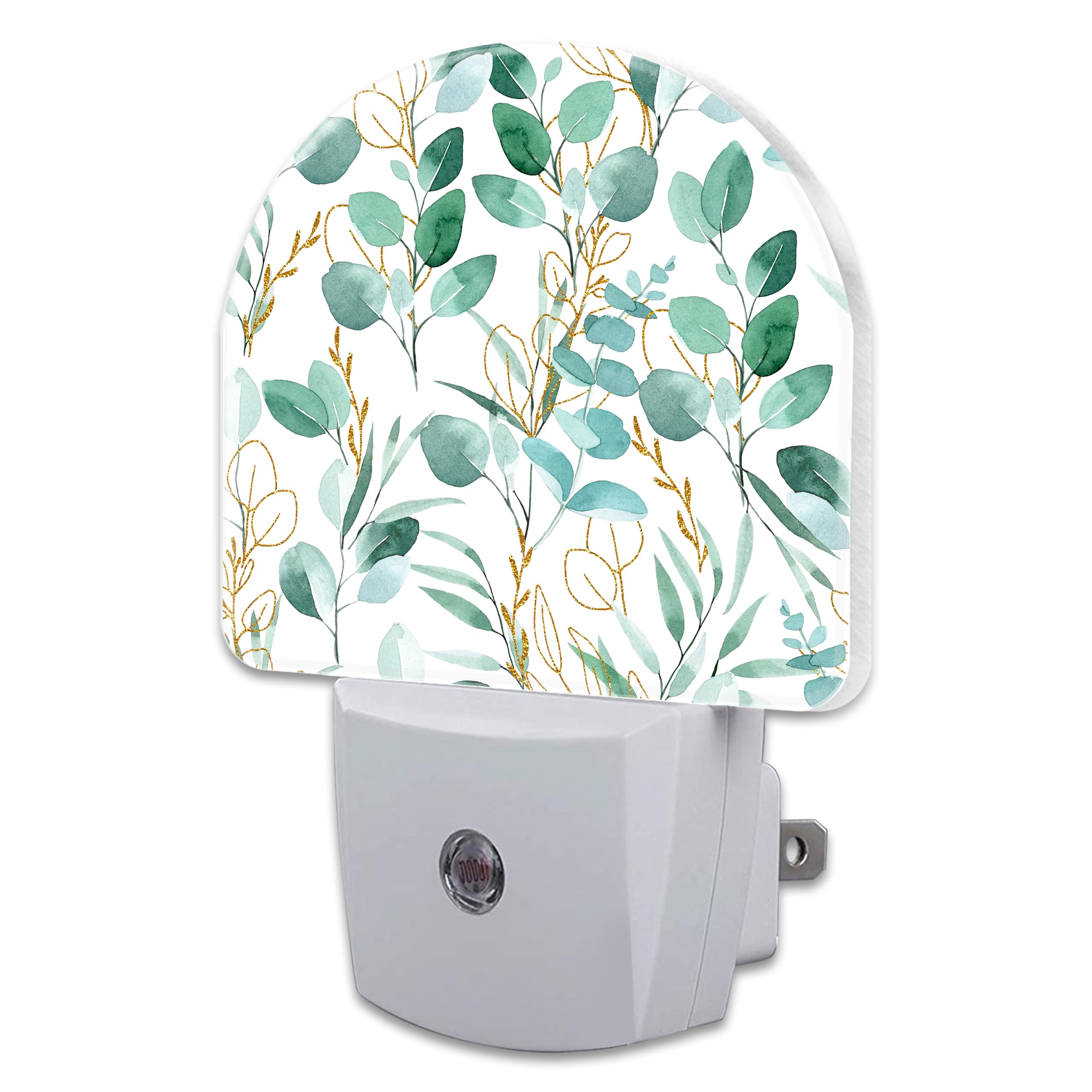 sndheke Green and Gold Eucalyptus Leaves Night Light Plug into Wall,Watercolor Botanical Leaves Dusk to Dawn Night Light,0.5w Energy Saving Sleep