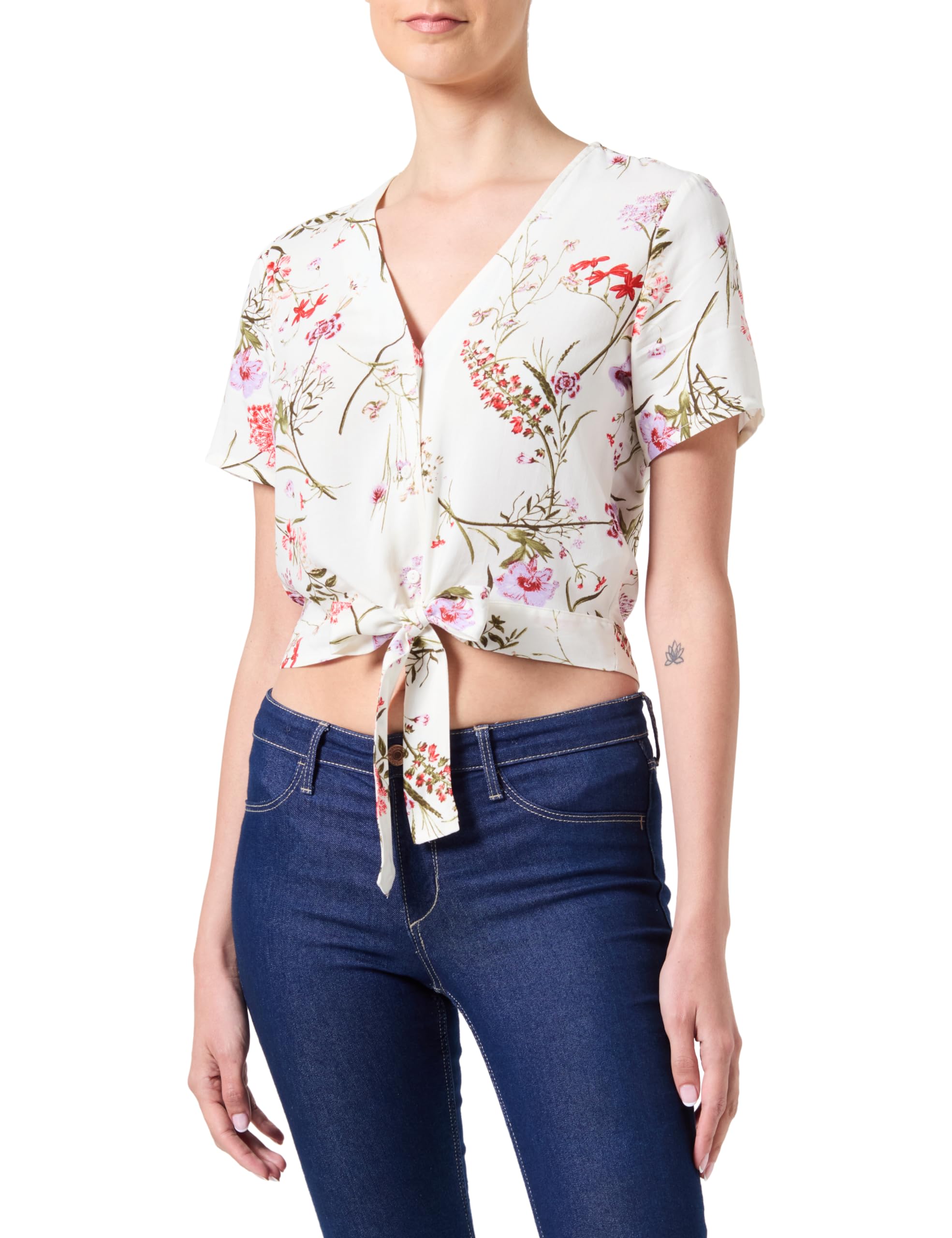 VERO MODA Women's Vmeasy Joy S/S Tie Shirt WVN Ga Top, Birch/AOP: vicka, S
