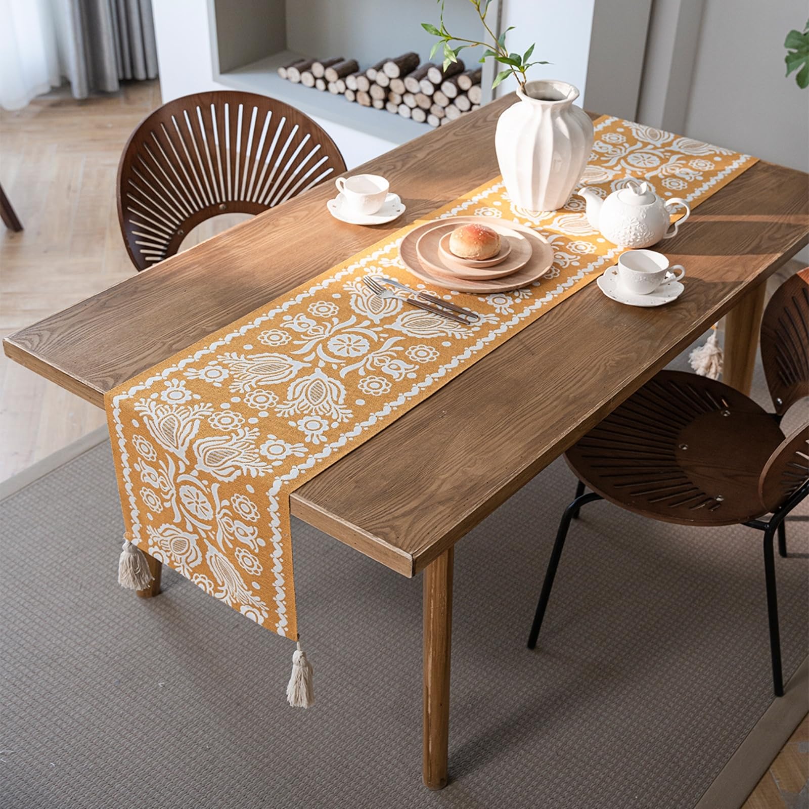 Tischläufer Polyester Wohnzimmer, Tischläufer Hochzeit 35x180 cm, Weißer Jacquard mit Blumenmuster und Quasten