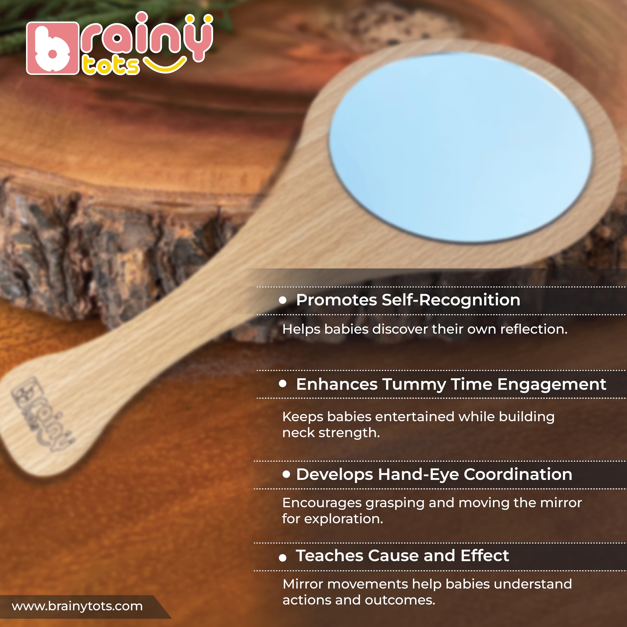 Brainytots Montessori-Inspired Wooden Hand Mirror for Kids - Eco-Friendly & Educational Gentle, Safe, and Perfect for Self-Exploration - Image 2 thumbnail