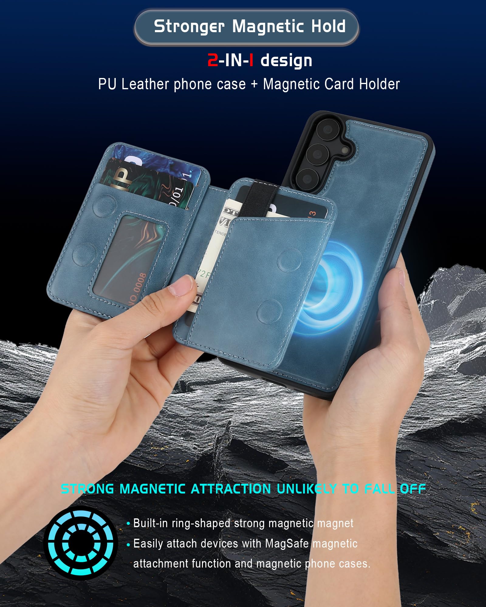 Funda magnética desmontable para Samsung Galaxy S26 con soporte, 2 en 1 compatible con MagSafe con tarjetero con bloqueo RFID, funda delgada de piel sintética vintage azul