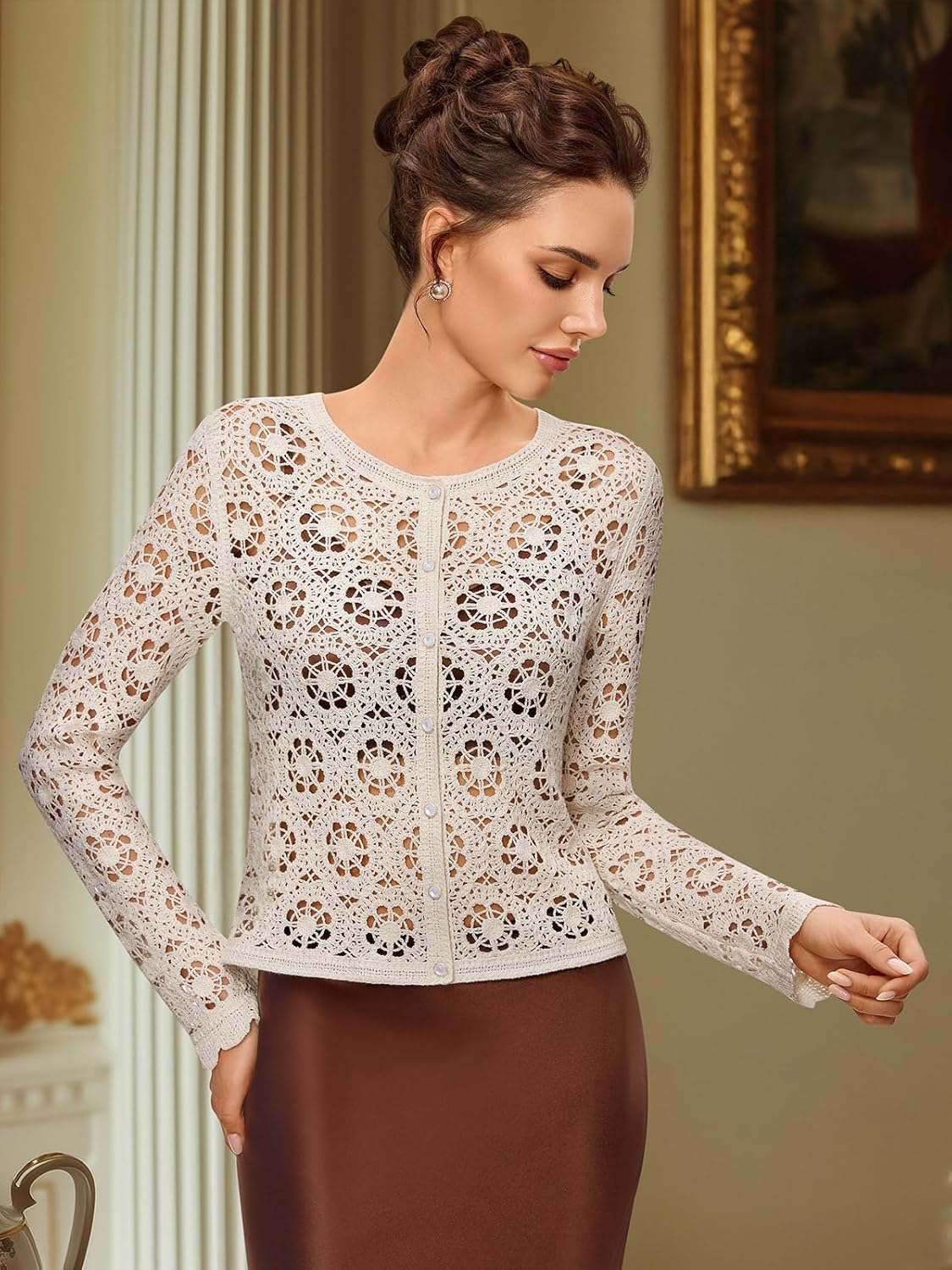 FAIRY SEASON Women's Crochet Cardigan with Golden Thread, Vintage Cropped Openwork Knit Sweater for Garden Party & Wedding - Image 3