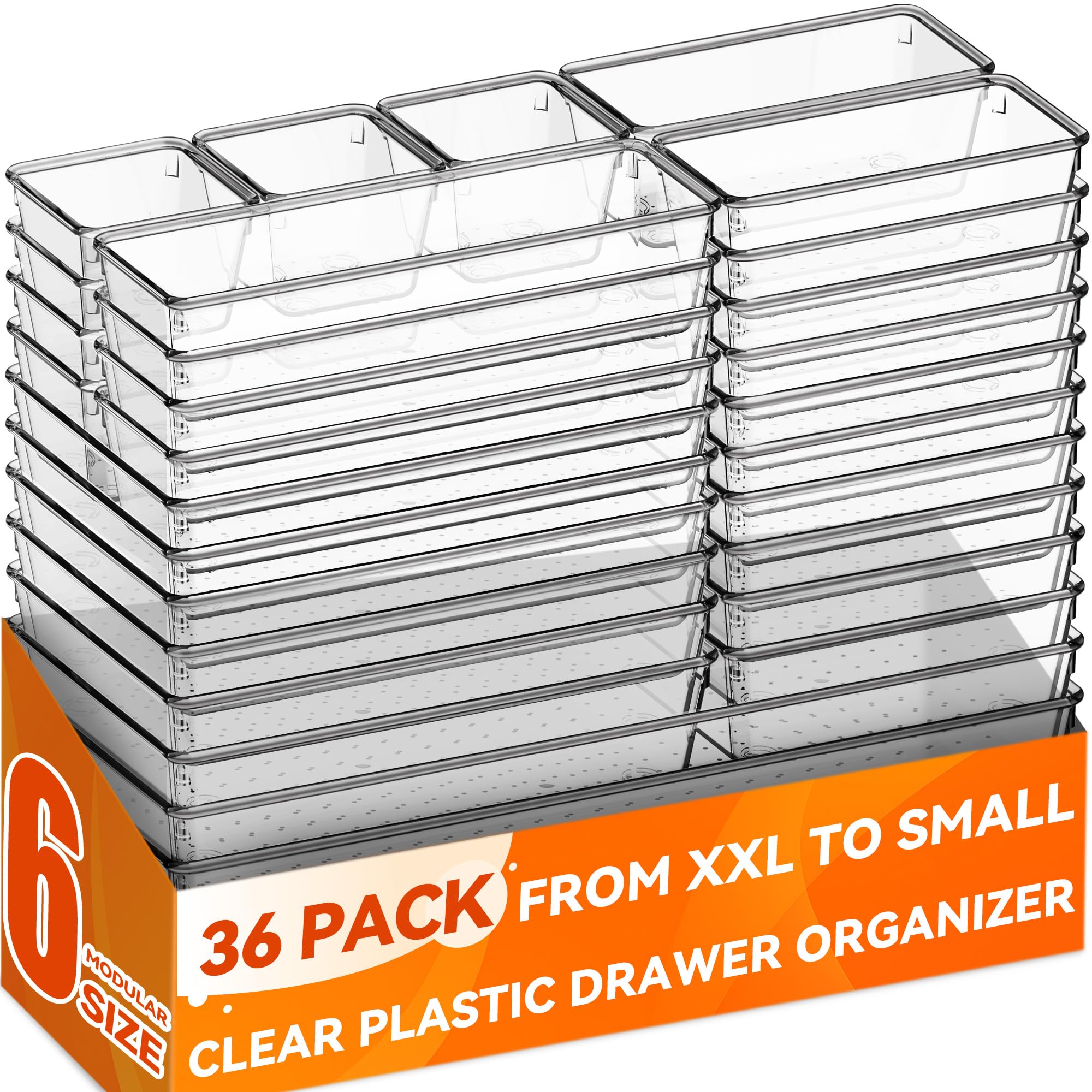 Criusia Confezione da 36 contenitori grandi in plastica trasparente per cassetti, 6 dimensioni, per organizzare e riporre utensili da cucina, gadget, ufficio, bagno e accessori per trucco