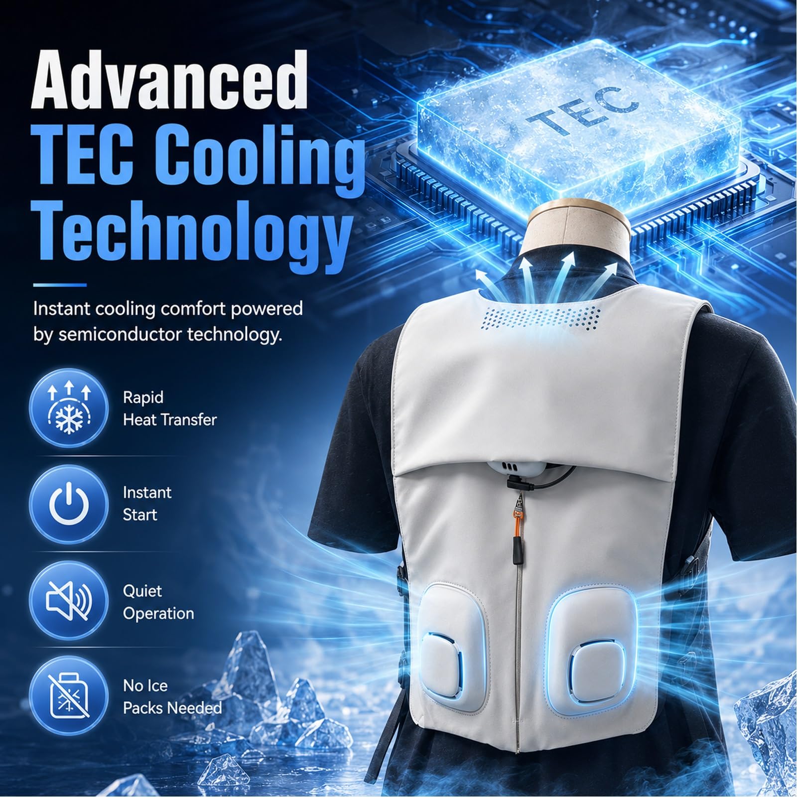 Gilet Rinfrescante Con Ventole Flessibili, Giacca Climatizzata | Con Doppio Modulo Di Raffreddamento A Semiconduttore, Tracolla Rimovibile Per Cambiare Modalità Liberamente