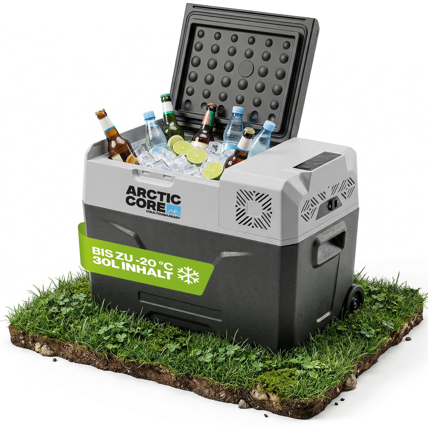 Belko® ArcticCore Kompressor Kühlbox – elektrische Kühl- & Gefrierbox DC 12/24V & AC 100–240V – grau