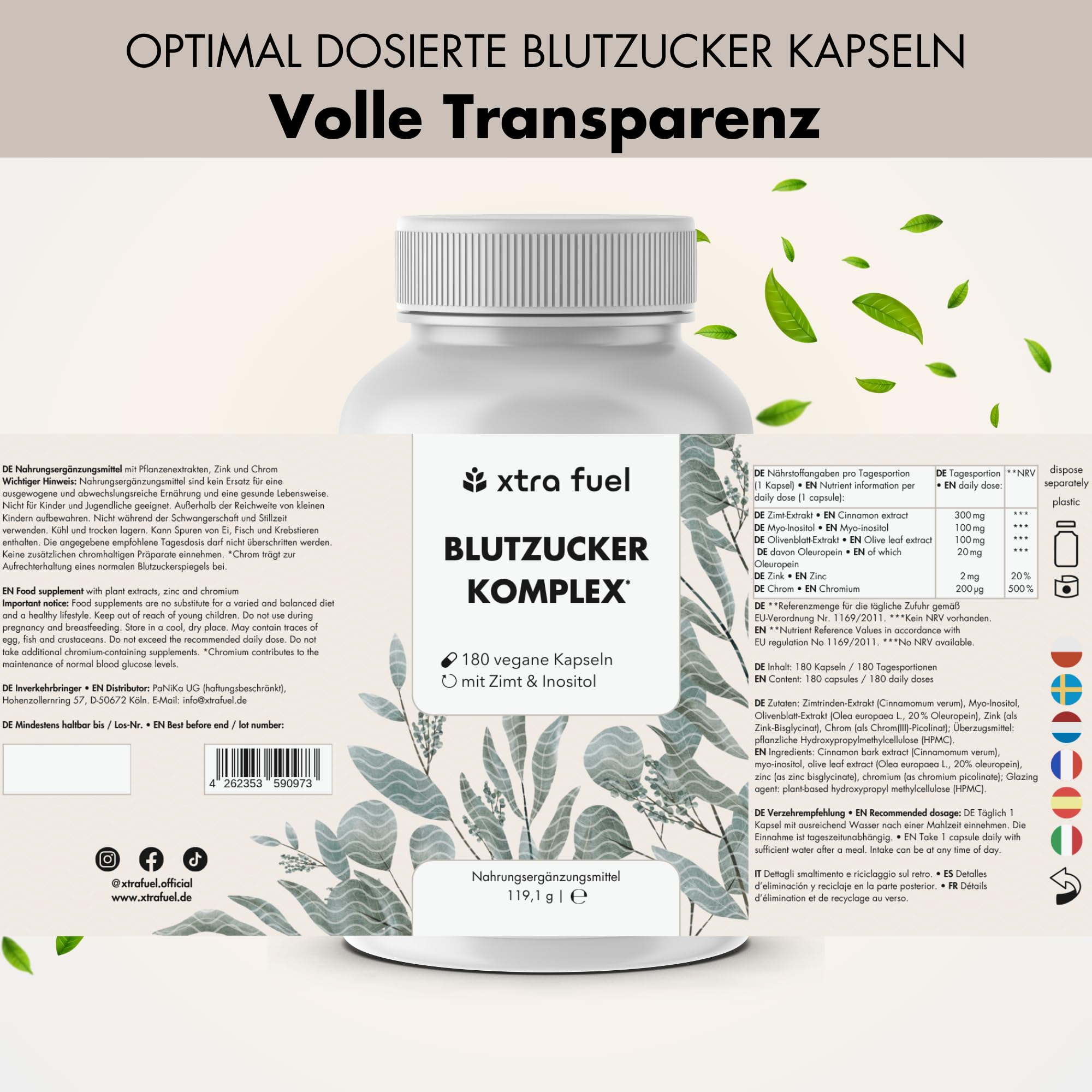 Blutzucker Komplex - 360 Kapseln hochdosiert - mit Chrom, Ceylon-Zimt, Myo-Inositol, Olivenblatt und Zink - zur Unterstützung des Blutzuckerspiegels - vegan & laborgeprüft