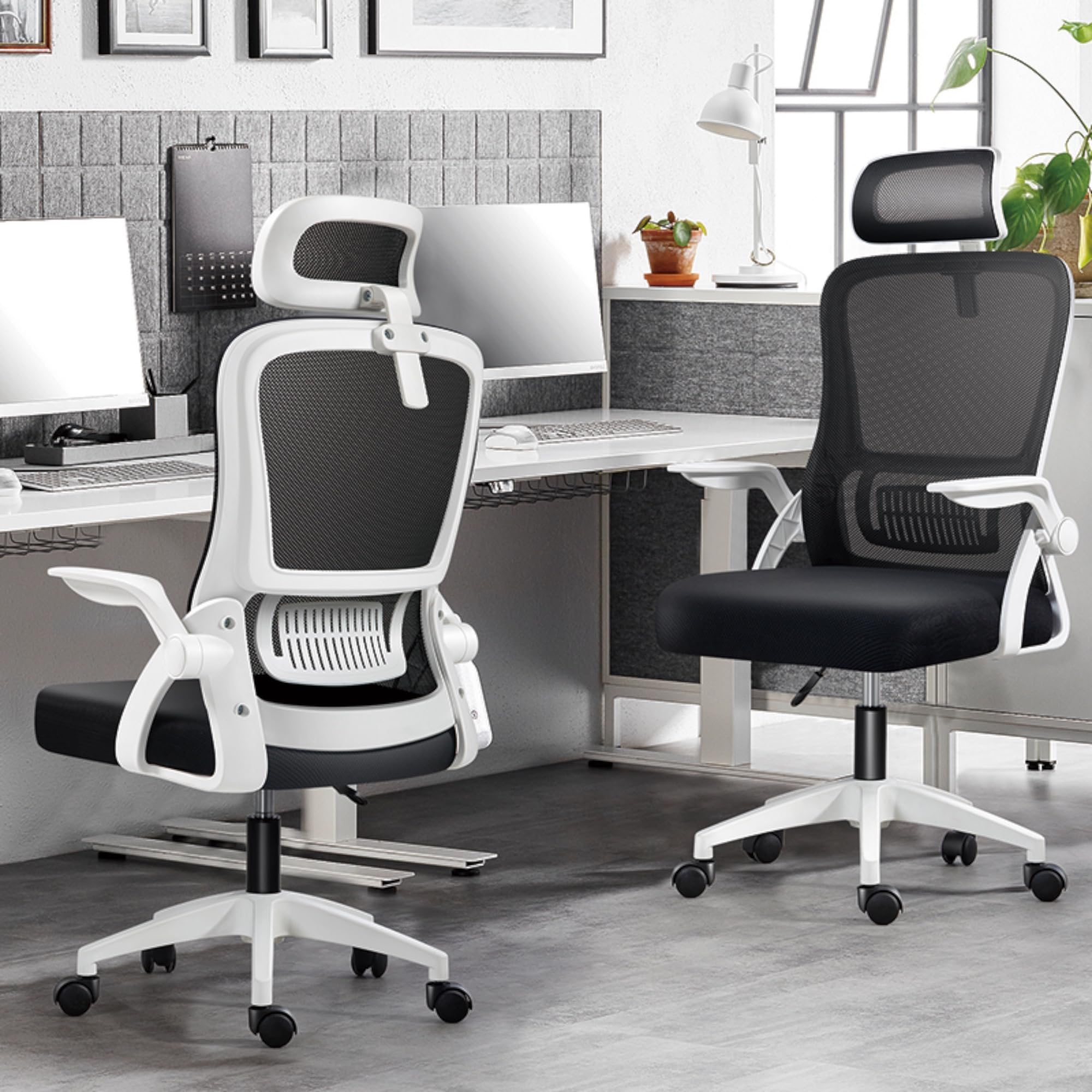 Silla de Oficina, para Gaming, Escritorio Ergonómica con Reposacabezas, Ajustable y con Soporte Lumbar | Respaldo de Malla Transpirable | Reposabrazos Abatibles de 90° | Giratoria 360° (Blanco)