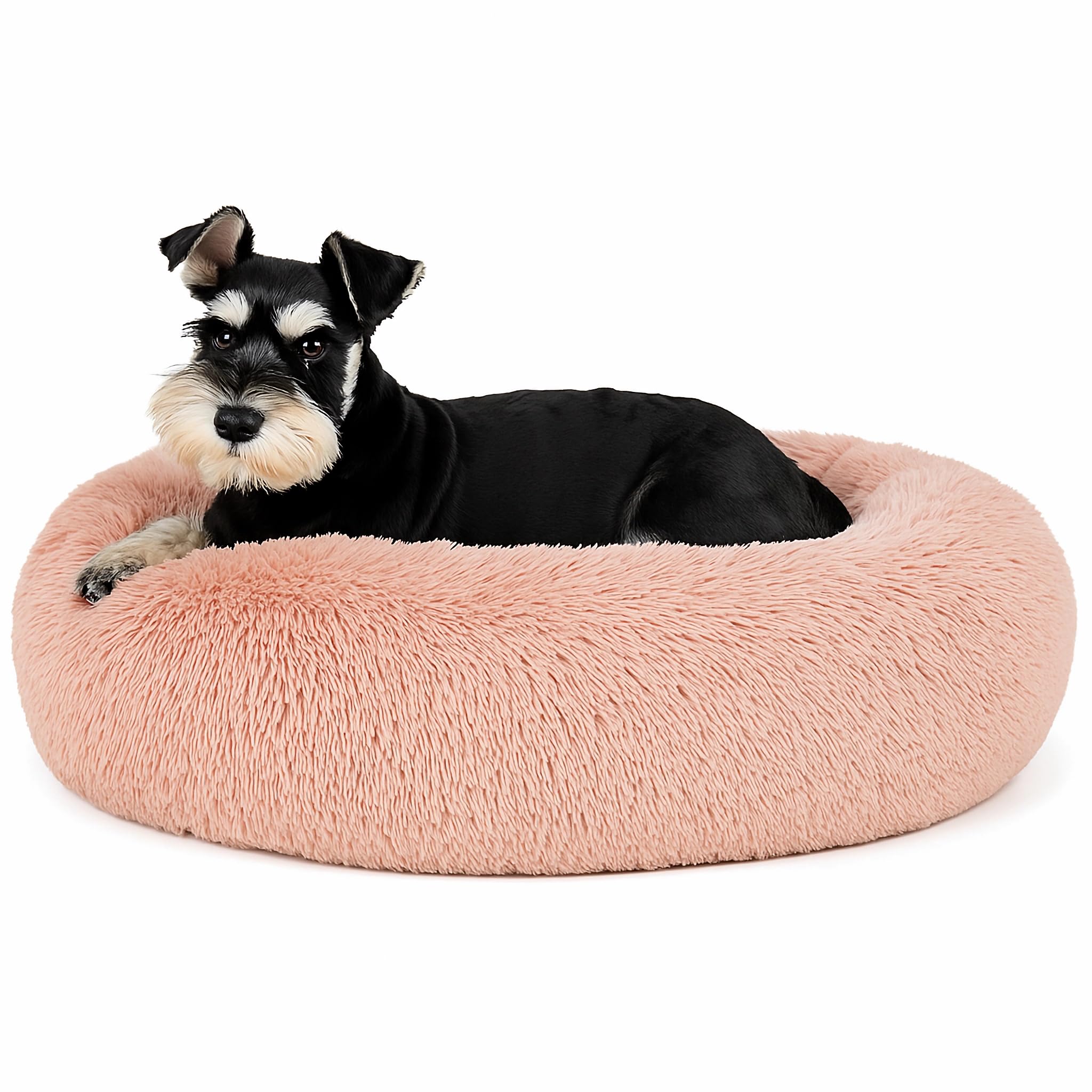 SEOUGEE Calming Donut Dog Bed, Fluffy Plush Round Cat Bed, Cosy Soft Washable Cushion Self-Warming Pet Beds Non-Slip Bottom, Indoor Sleeping Cuddler Nest for Small Medium Dogs (Dusty Pink 60cm)