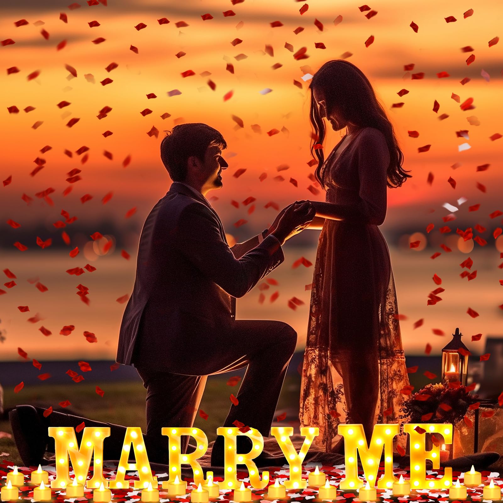 4080 Stück Marry Me Schild Antrag Dekorationen beleuchtete Marry Me Buchstaben mit 72 Stück romantischen Herzkerzen 4000 Stück Rosenblätter USB romantisches Nachtlicht für Valentinstag, Verlobung,