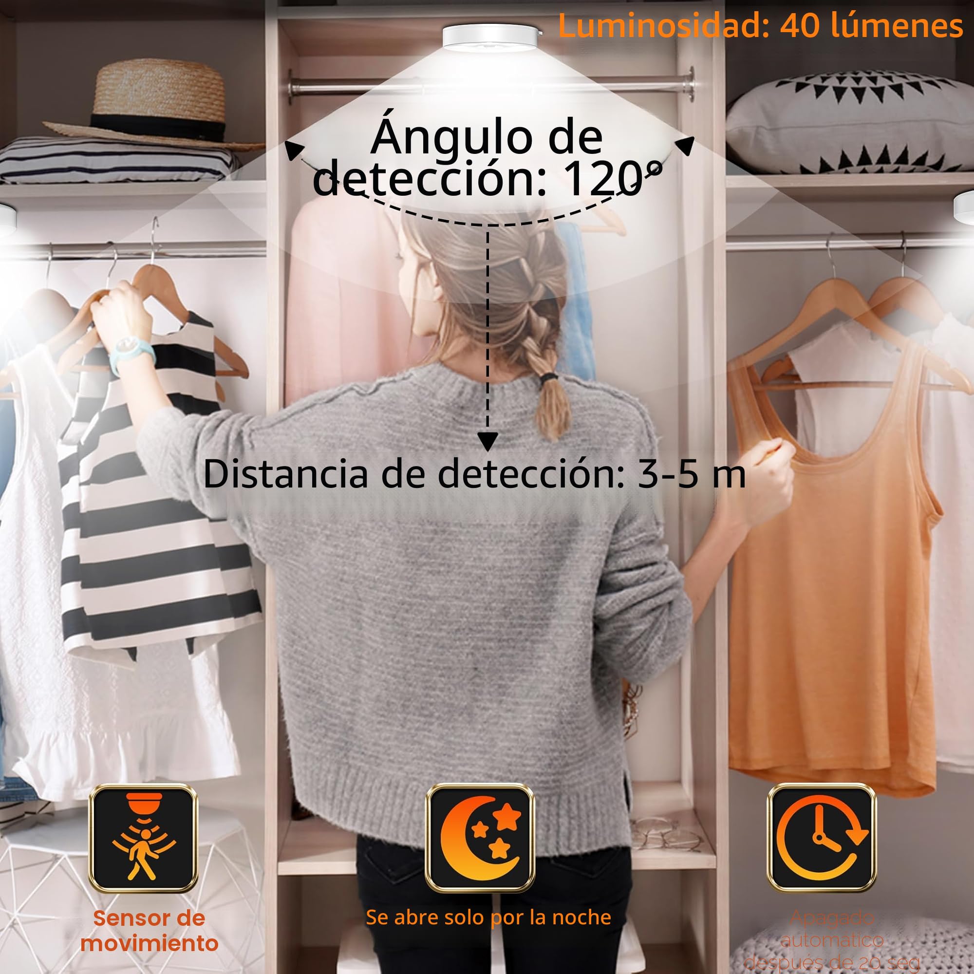 daphomeu Luz led nocturna con sensor de movimiento, Funciona con 3 pilas AAA. iluminación de armario, sensor de movimiento interior para escaleras, dormitorio, cocina. (blanco frío,3 Piezas)