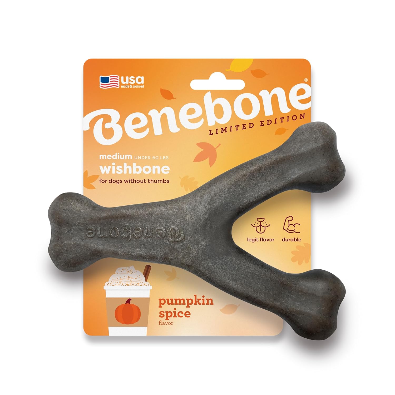 Benebone Pumpkin Spice Wishbone Limited Edition Flavor Durable Dog Chew Toy for Aggressive Chewers Made in USA Medium