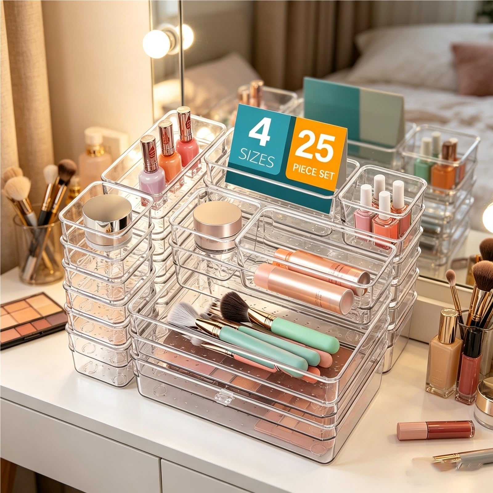 TYNGBT 25 Pcs Clear Plastic Drawer Organizer Set, 4 Sizes Storage Bins, Dividers for Home Organization, Kitchen, Bedroom, Bathroom, Office and Vanity