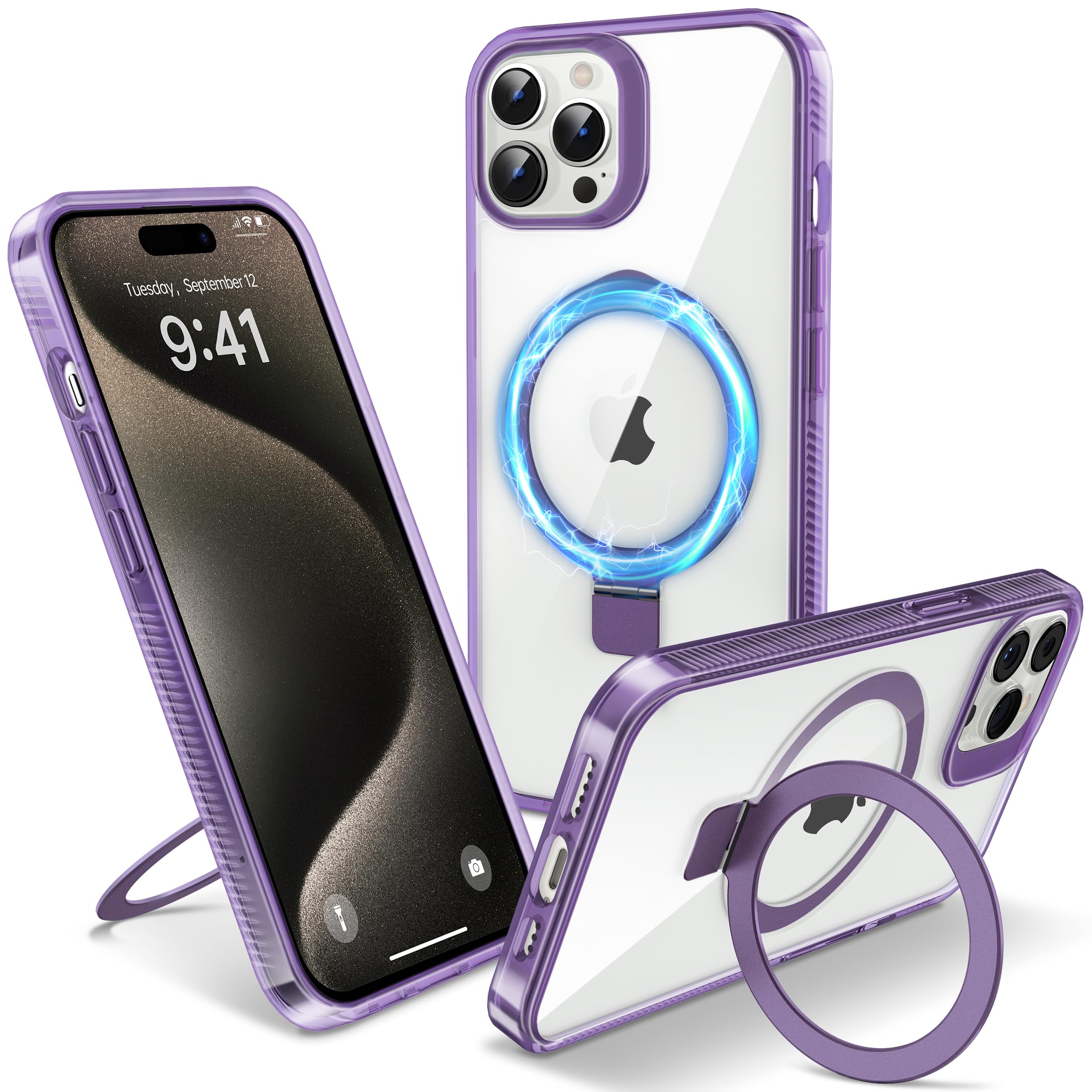 Photo 1 of Flyzoo Magnetic Case for iPhone 15 Pro Max - [Built-in Invisible Stand] [Compatible with MagSafe] [Military Grade Drop Protection] Anti-Yellowing Hard Back Silicone Edge Cover, 6.7", Clear Purple